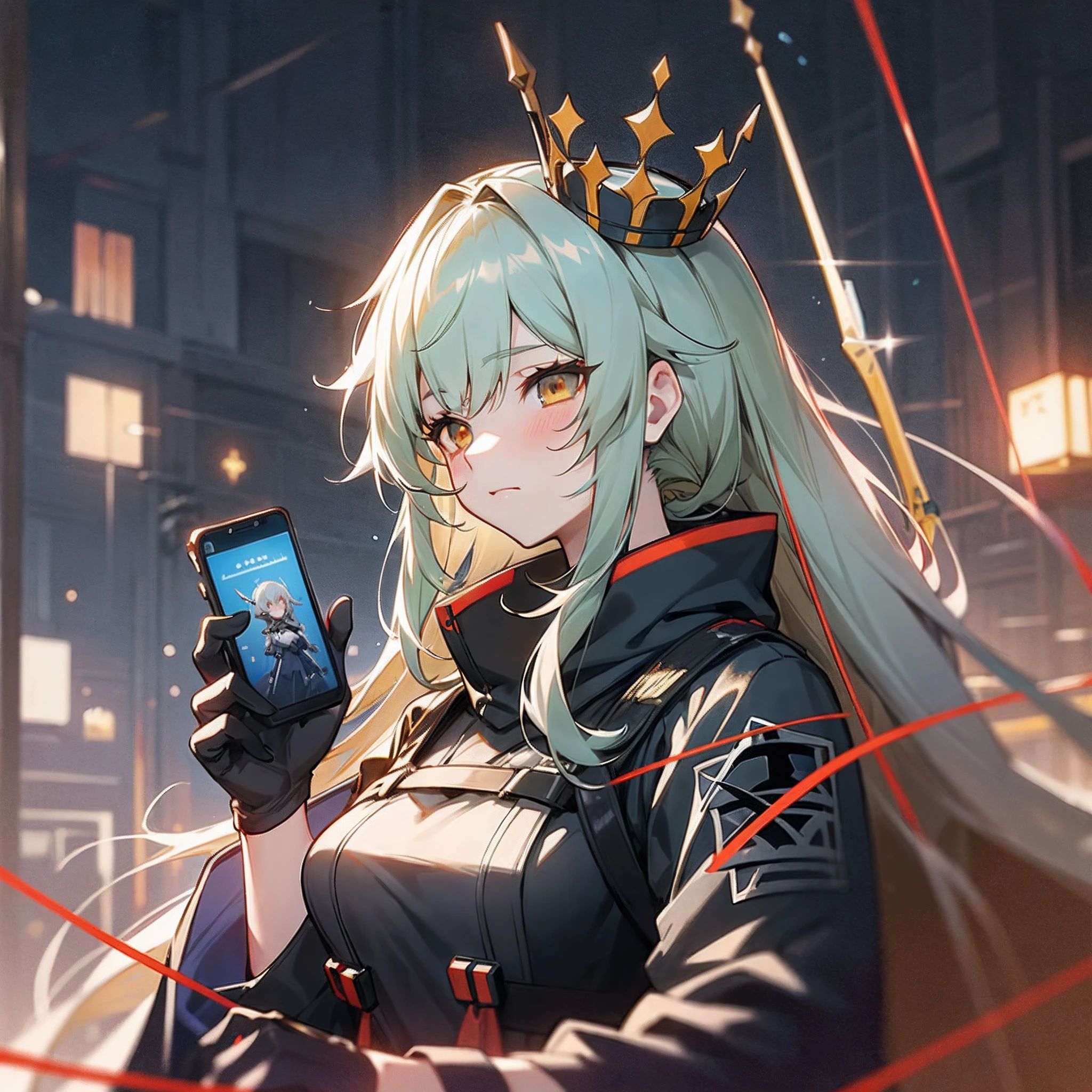 Anime girl with long hair and crown holding mobile phone, From the night of the ark, from girls frontline, girls frontline style, Fine details. Girl Front, girls frontline universe, Girls Frontline CG, arknight, Girl Front, Keqing from Genshin Impact, anime girl with a bow and arrow, Kantai collection style, Guviz