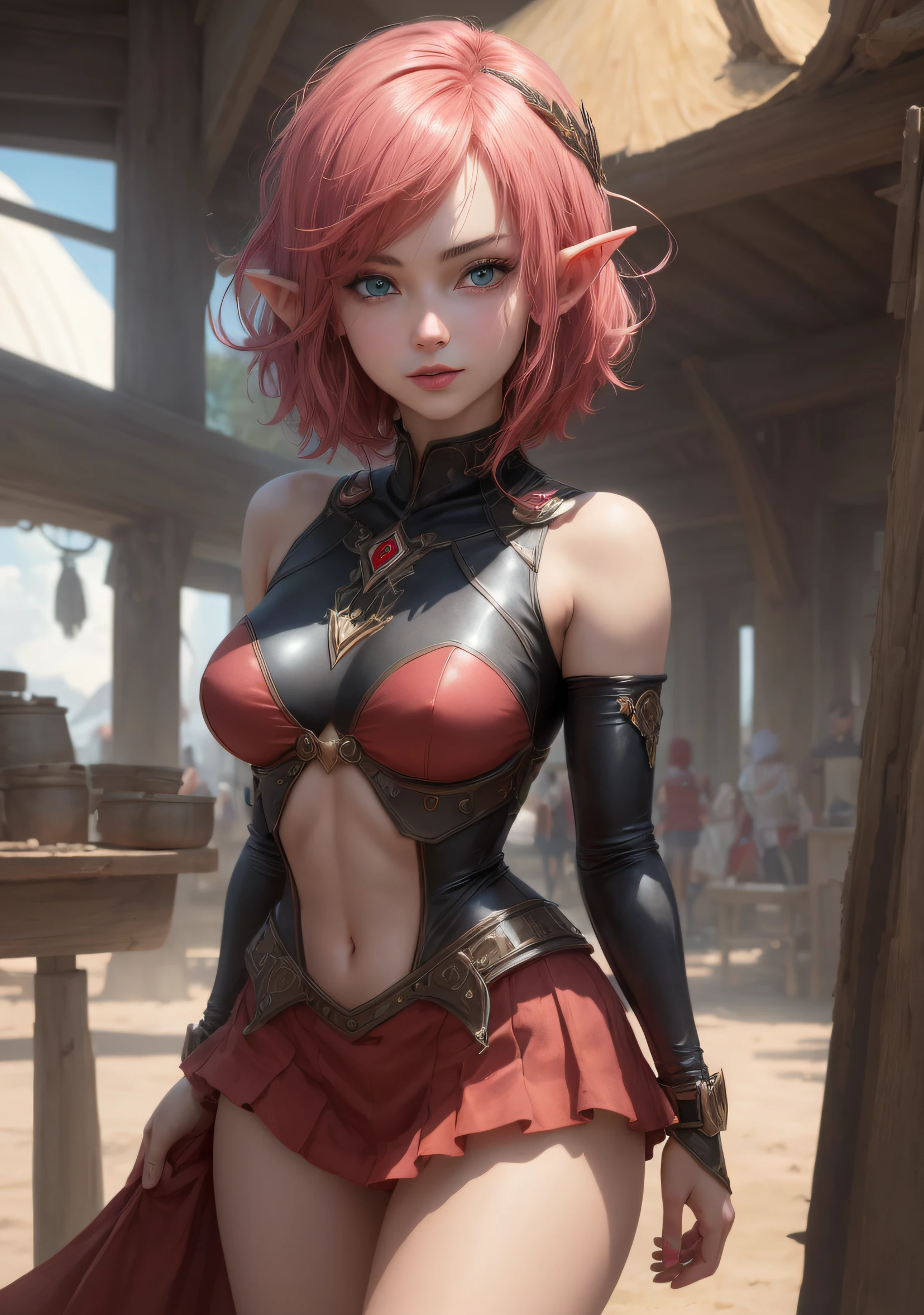 The elf stands and looks at the camera, A girl stands at a fair, blue eyes and pink short hair, She is dressed in red latex with cutouts, blue skies, Beautiful clear blue sky, skinny waist, Slender figure, Appearance of the model, confusion, sexuality, pixie, elf ears, Beautiful ears, green colored eyes, little chest, You can see the camel's foot, red clothes, Elf Girl, Sweet girl, attractive anime girl, beautiful anime girl, Cute beautiful anime woman, detailed digital anime art, beautiful anime girl, beautiful anime girl, Anime with small details, Best Quality, Masterpiece, Ultra-detailed, Beautiful, hight resolution, Original,CG 8K ультрареалистичный, perfect artwork, beatiful face, Face Clean, Skin, hyper realistic, Ultra Detailed, A detailed eye, dramatic lighting, (Realistic) Realistic, Full HD, Best Quality, Best Quality, Beautiful lighting, (8k wallpaper of extremely detailed CG unit), High Details, sharp-focus, The art of dramatic and photorealistic painting, beautiful smile, You can see the chest, naked breasts, naked ass,