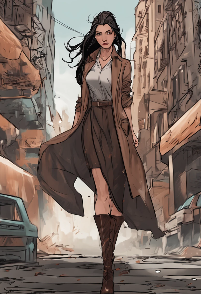 An adult female in a city，Has long and silky black hair in messy layers, Warm brown eyes reflect compassion and kindness. Her confident demeanor and elegant figure exude elegance，Stand in front of an impressive city background. Wear a delicate dark brown office dress and gladiator heels, Face the winds and weather of the apocalypse，She remains steadfast. Realistic imagery captures her captivating presence in the midst of chaos, Sparkling eyes draw viewers into a compelling visual narrative of strength and determination.