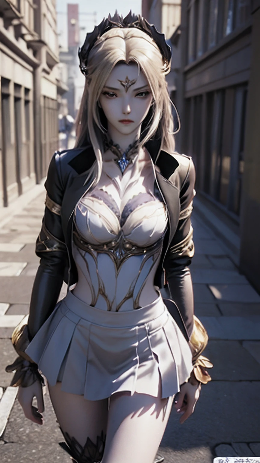 anime - style image of a woman in a short skirt and jacket, a photorealistic painting by Kentaro Miura, Trend of CGsociety, conceptual art, Smooth anime CG art, made with anime painter studio, Realistic anime 3 D style, photorealistic anime girl rendering, drawn in anime painter studio, Photorealistic anime, anime styled 3d, 3 d anime realistic