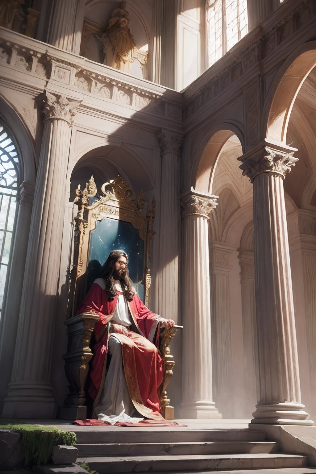 Jesus cristo, barba, cabelos longos , assentado em um trono, in appearance, similar to jasper and sardonic stone; And the celestial arch was around the throne and was similar to the emerald. --auto --s2