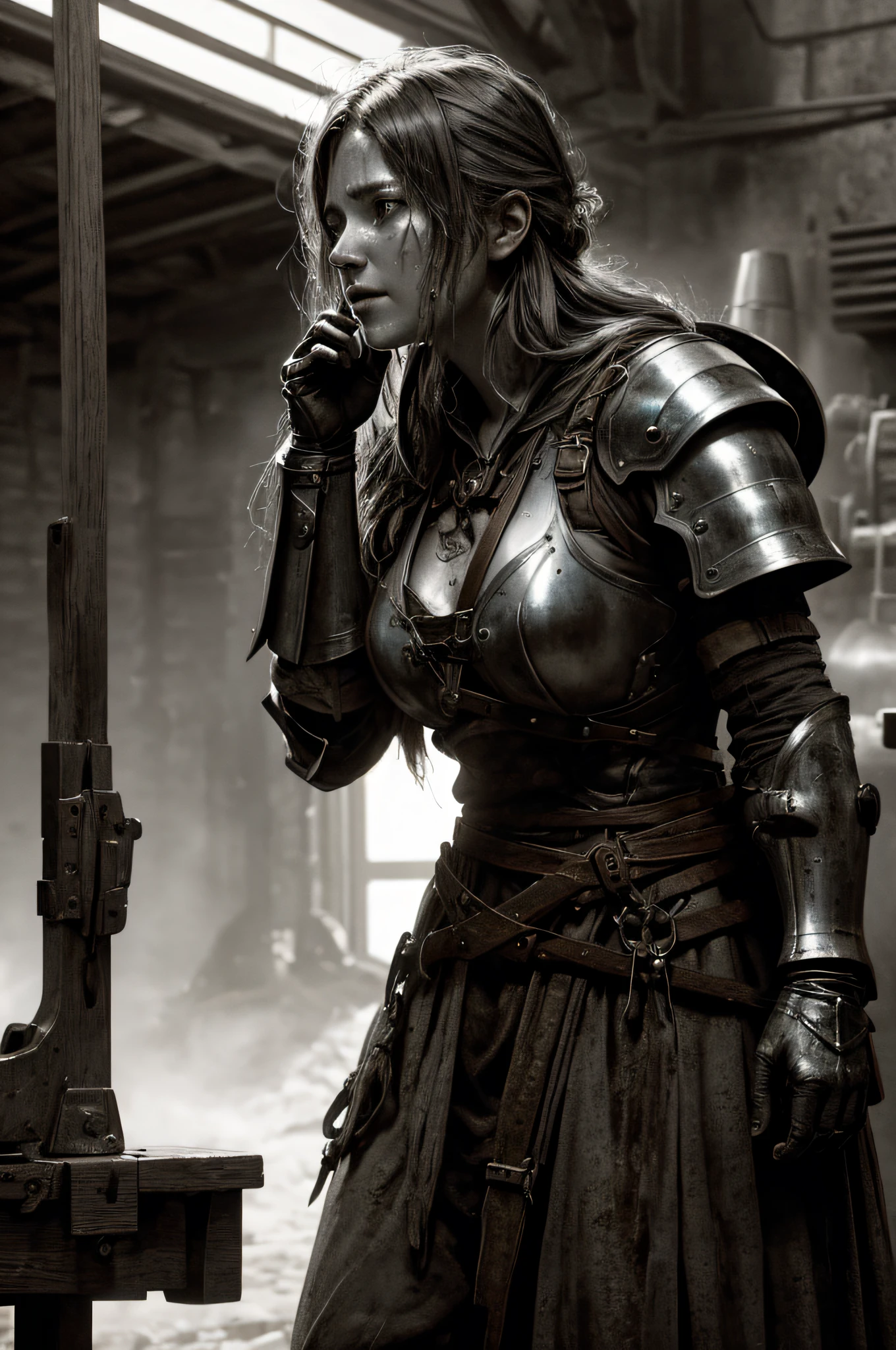 best quality, 500px, cgsociety, 8k, raw fantasy photo of (beautiful:1.2)  of a female blacksmith, anvil, forge, grunge, sweat, tired, exhausted, medieval, ambient light, backlight, volumetric lighting, realistic, realistic lighting, cinematic lighting, depth of field, sharp focus, dynamic pose, (face focus), (high contrast:1.2), (film grain)