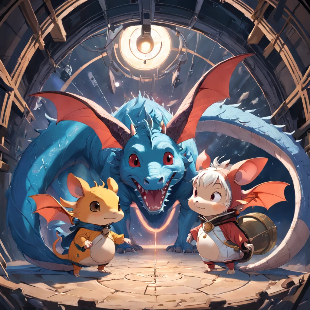 An anthropomorphic mouse, An anthropomorphic pig, An anthropomorphic dragon is set in a space-time tunnel, running fast together, all wearing human armor