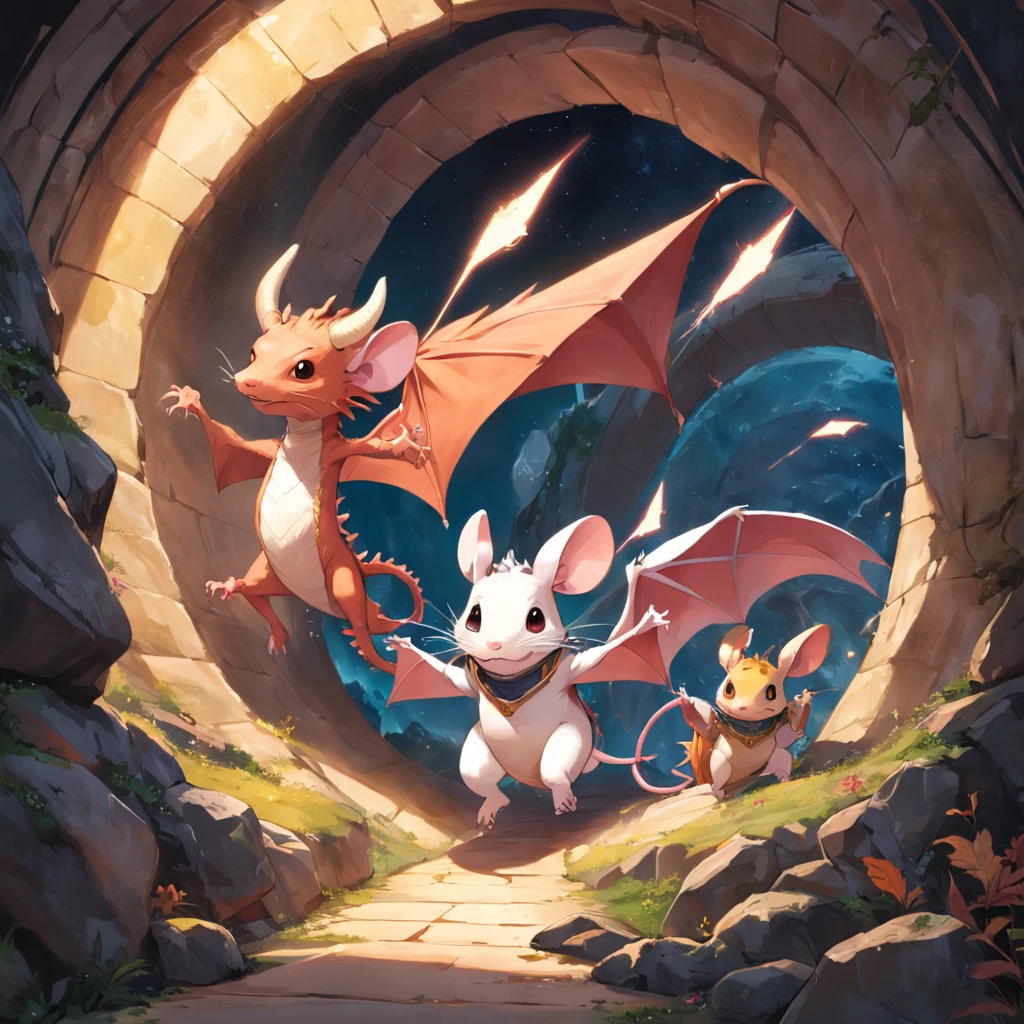 An anthropomorphic mouse, An anthropomorphic pig, An anthropomorphic dragon is set in a space-time tunnel, running fast together, all wearing human armor