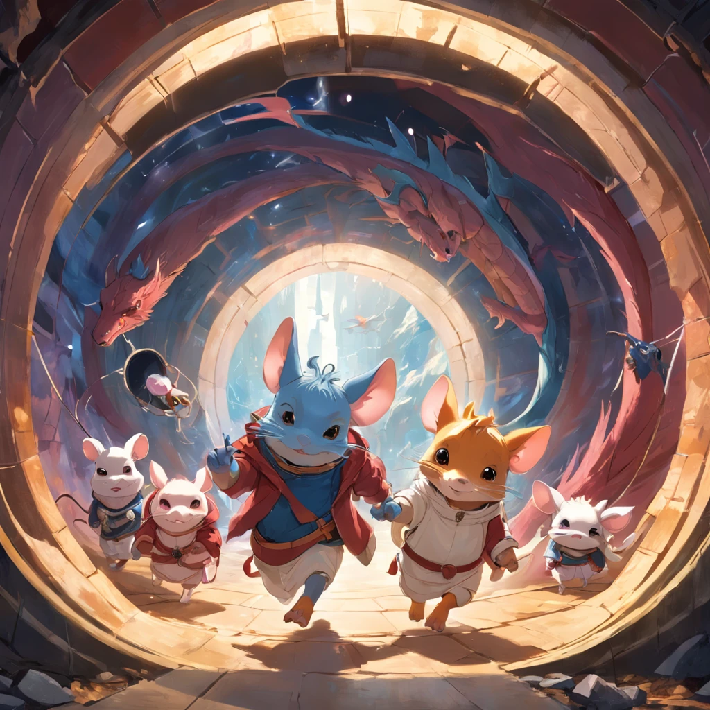 An anthropomorphic mouse, An anthropomorphic pig, An anthropomorphic dragon is set in a space-time tunnel, running fast together, all wearing human armor