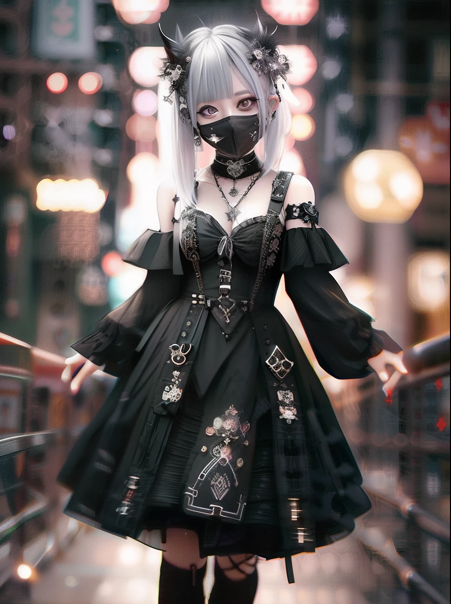 goth_punk, 1girl in, 独奏, Walking in Harajuku, ((during night)), bokeh dof, Neon light, Iridescent eyes, starrysky, White shiny hair, White eyebrows, Radiant hair, (iridescent white hair), 耳Nipple Ring, bangss, jewely, masks, bluntbangs, verd s eyes, Mouth mask, blurry backround, bblurry, hair adornments, Look at viewers, shorth hair, portraitures, side locks