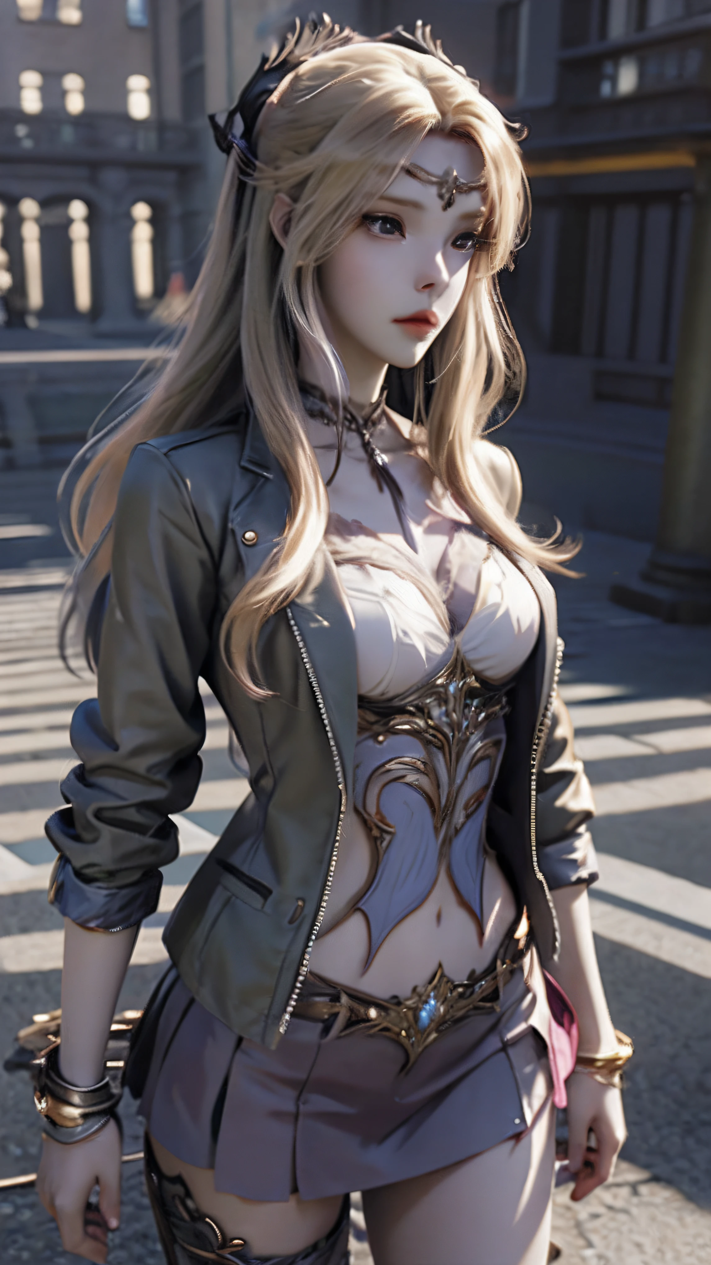 anime - style image of a woman in a short skirt and jacket, a photorealistic painting by Kentaro Miura, Trend of CGsociety, conceptual art, Smooth anime CG art, made with anime painter studio, Realistic anime 3 D style, photorealistic anime girl rendering, drawn in anime painter studio, Photorealistic anime, anime styled 3d, 3 d anime realistic