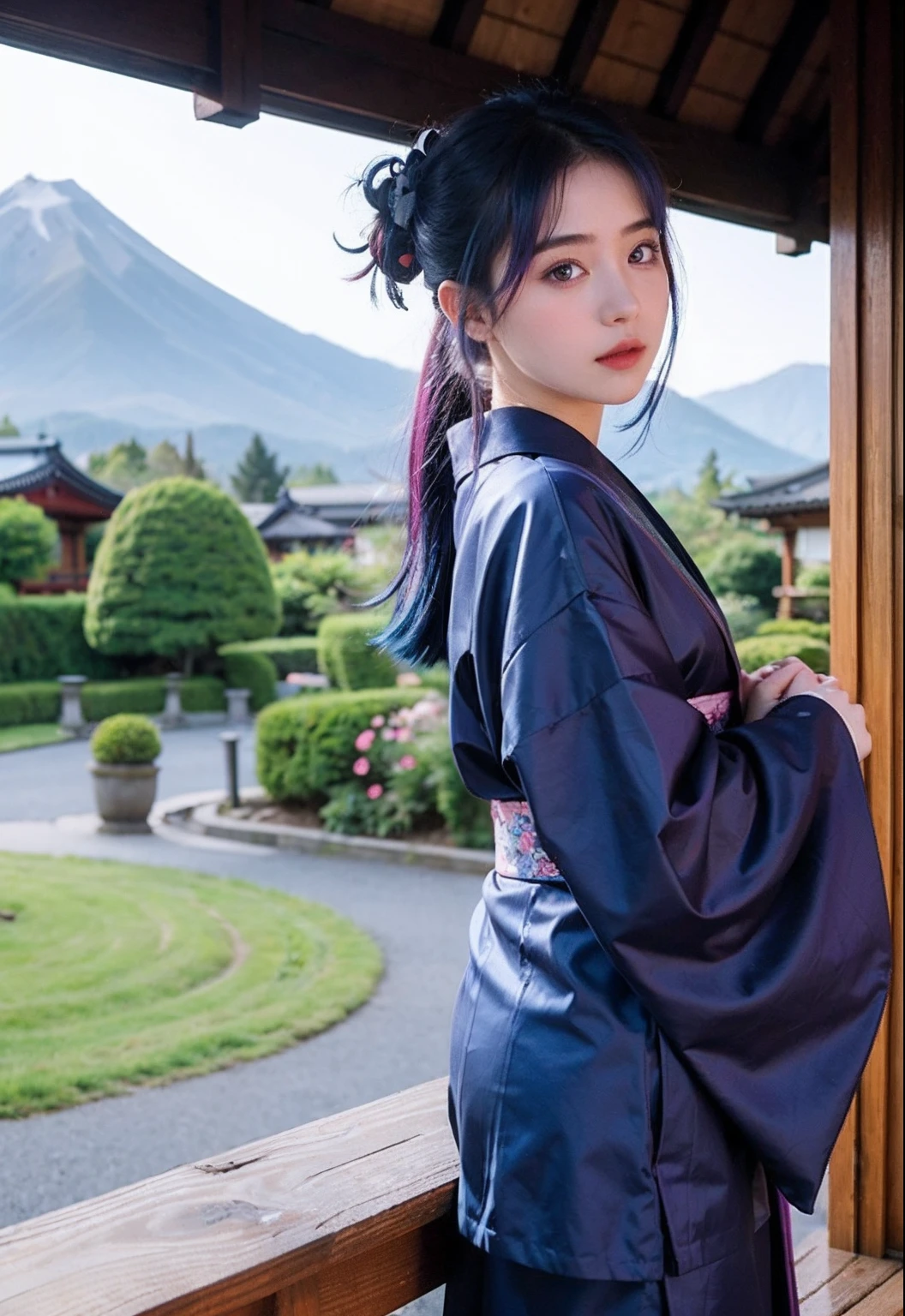 1girl,kimono clothe,purple eyes,blue hair,best quality, in garden, Mountain background,japan