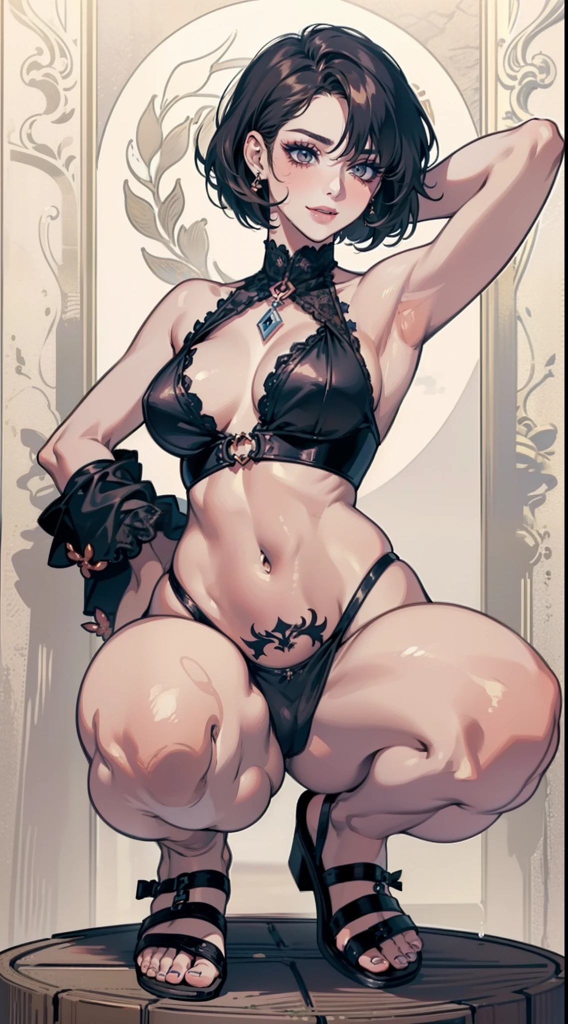 (((Coquettish middle-aged woman 1.2))), (((Slim and slim body1.2))), (((Obscene smile 1.2))),(((Frivolous expression 1.2))),(((Provocative expression 1.2))),hand behind head,Smoky makeup,Peach blossom eyes,heavy makeups,Dark eyeshadow,(((Expose armpits1.2))),(((Squat with your legs wide open1.2))),,(((Short hair 1.2))),Peach blossom eyes,Smoky makeup, (((Heavy makeup 1.2))),(((Charming 1.2))),(((Coquettish debauchery 1.2)))(((Sandals 1.2))),(((Enchanting and feminine 1.2))),(((Very detailed full body tattoo 1.2))),sweat profusely,Wearing sweat,(((Sexual innuendo 1.2))),Obscene atmosphere,(((Lewd Inferior 1.2))),(((Not serious 1.2)))
