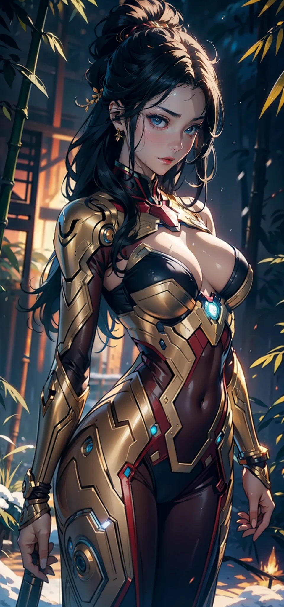 1womanl,36 years old,熟妇,mature,Bigchest,Big breasts Thin waist,long leges,Raised sexy,Pornographic exposure, standing on your feet(Background with:bamboo forrest,at winter season,Snow on the ground,NOWAI) She has short black hair,dynamicposes,Sweat profusely,drenched all over the body,seen from the front, hair straight, mostly cloudy sky,(((tmasterpiece),(Very detailed CG unity 8K wallpaper),best qualtiy,cinmatic lighting,detailed back ground,beatiful detailed eyes,Bright pupils,(Very fine and beautiful),(Beautiful and detailed eye description),Black eyes,Redlip,ultra - detailed,tmasterpiece,)),facing at camera,(The upper part of the body),A high resolution,ultra - detailed),revealing breasts,Bare genitalia, Bulge,legs are open,sexyposture,Camel toes,Flushed complexion,Open-mouthed,frontage,Gold Saint Seiya,Lotus hair ornaments,(Wearing:blue bikini,Armour,Gold wire embroidery,Iron Man uniform)cyber punk style