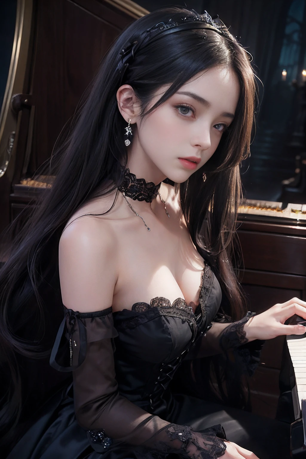 (masterpiece), (portrait), (aesthetic), (beautiful), (upper blody), (high quality), (aesthetic clothings), (professional angle), (rule of thirds), (Feminine), (woman), (female), (beautiful),(feminine features), (20 years), solo, 1 woman, (attractive Gothic Girl), Autumn, Dim light, ((Playing Piano)), (Sitting), Dark Makeup, (Average bust), ((Grand Piano)), (Front face), (Mysterious expression), ((Melancholy)), (Choker and Lace Gloves), ((Long hair)), (Black hair), (Straight hair), (Fine hair), Matte shine hair, (- in hair), (Purple eyes), (Elegant and Enigmatic look), (Fair skin), (Dark Colors clothing), (Victorian Dress), (-), (Long Skirt), Off-Shoulder neckline), ((Gothic Mansion background)), (Medium Shot Shot), facing the piano, playing the piano, detail texture skin, detail face, detail eyes, detail texture lips, detail earring, beautiful hands, two hands, normal hands, two arms, complete hands, beautiful body, beautiful fingers, normal fingers, five fingers, five fingers, (Thumb index meddle ring little fingers), beautiful ears, normal ears, beautiful eyes, shiny eyes, beautiful mouth, beautiful lips,