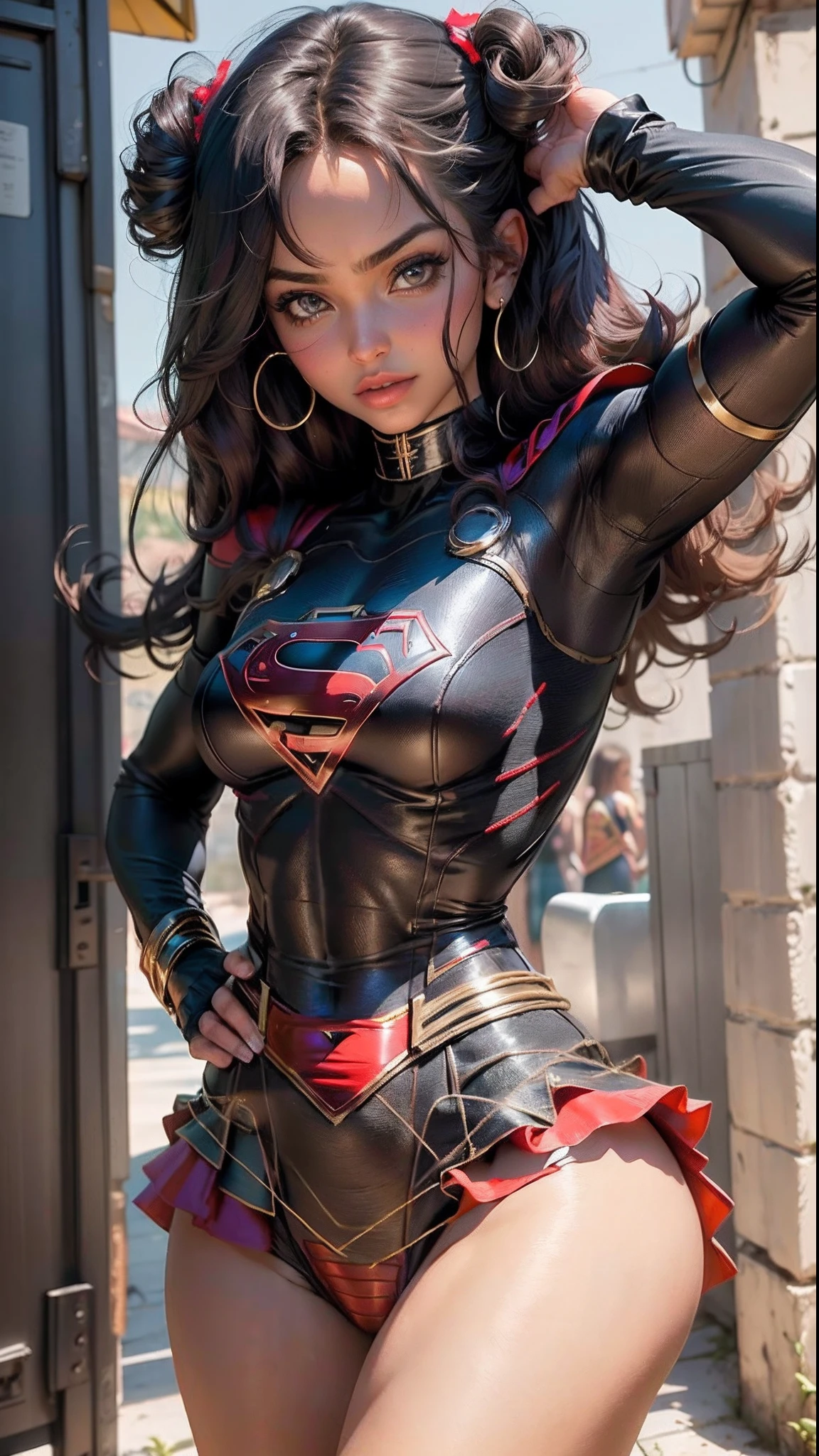 Mulher bonita cabelo preto curto corpo definido, seios grandes, (vestindo cosplay de Supergirl), olhando pra camera, pouca roupa, (seios a mostra), (bunda grande), (((saia curta mostrando parte intima marcada))), perfeita