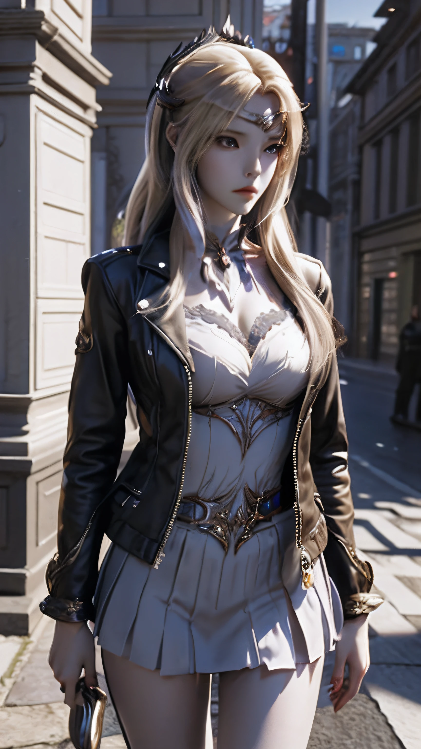 anime - style image of a woman in a short skirt and jacket, a photorealistic painting by Kentaro Miura, Trend of CGsociety, conceptual art, Smooth anime CG art, made with anime painter studio, Realistic anime 3 D style, photorealistic anime girl rendering, drawn in anime painter studio, Photorealistic anime, anime styled 3d, 3 d anime realistic