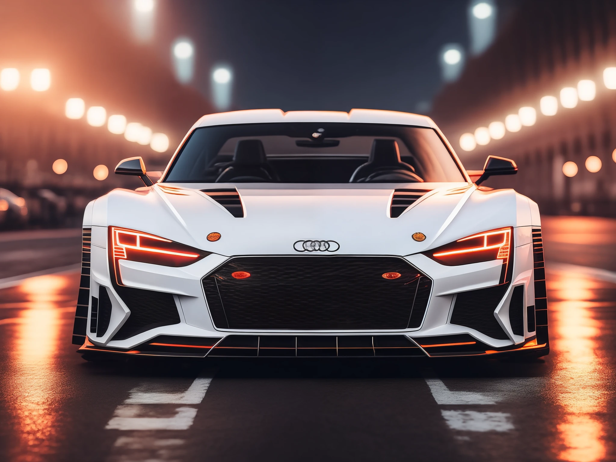 arafed wide body white sports car driving on a city street at night, front view, head on view glowing ember headlights, aggressive front end, Audi emblem on grill, hq 4k phone wallpaper, hq 4k wallpaper, 8k stunning artwork, wallpaper 4k, wallpaper 4 k, 4 k render, 4k render, cinematic 4k wallpaper, cinematic 4 k wallpaper, cinematic front shot, wallpaper mobile, extreme render, 8k render, 8 k render, shallow depth of field,