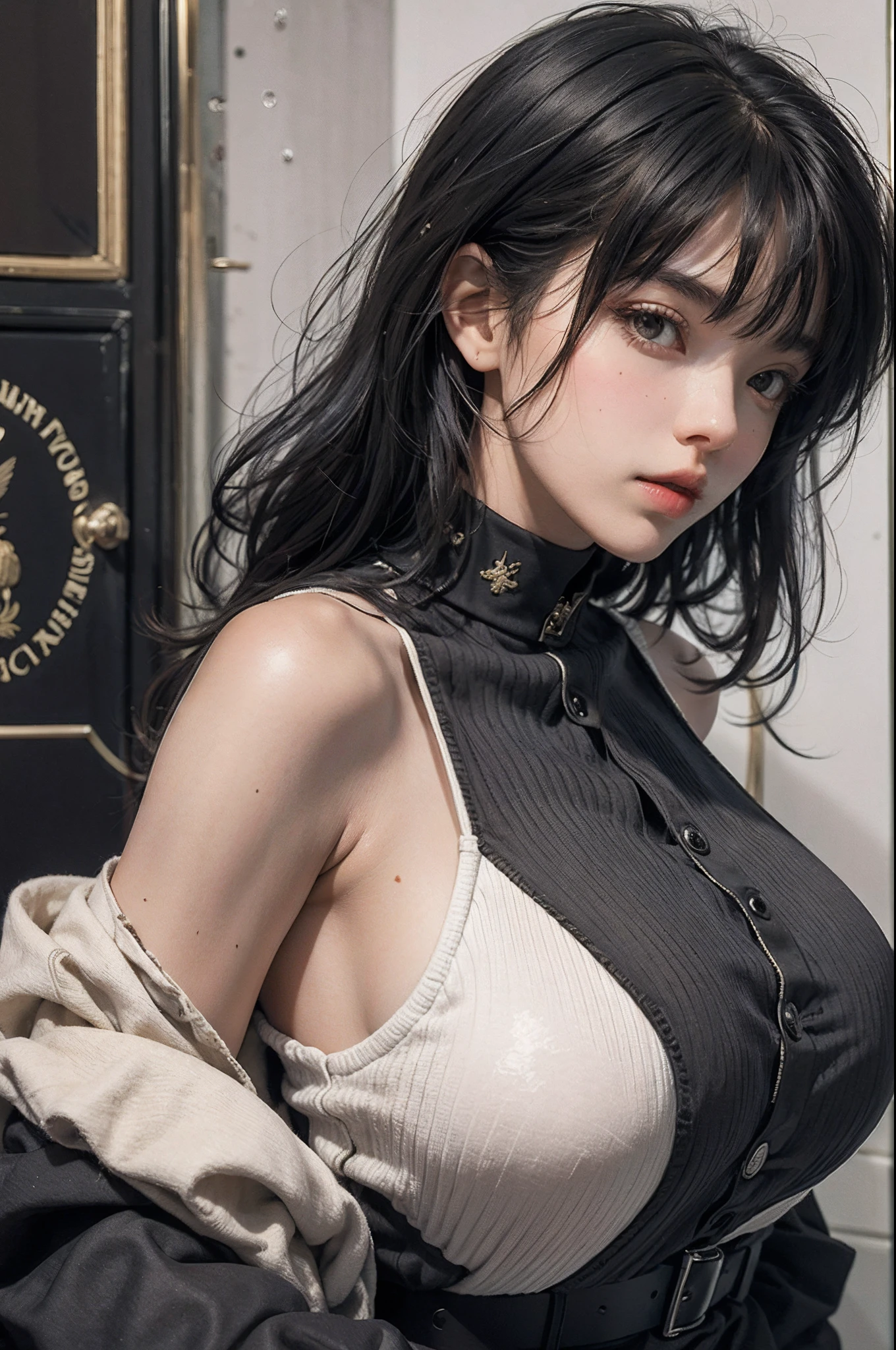 Masterpiece, highres, high Quality, detailed face, detailed body render, 1girl, solo, hyuuga hinata, hinata-sleeveless-outfit, large breasts, big breast, sleeveless shirt, fishnet top, dark lips, unzipped jacket, no bra, breasts out, nipple, standing, blushes, (on bedroom)