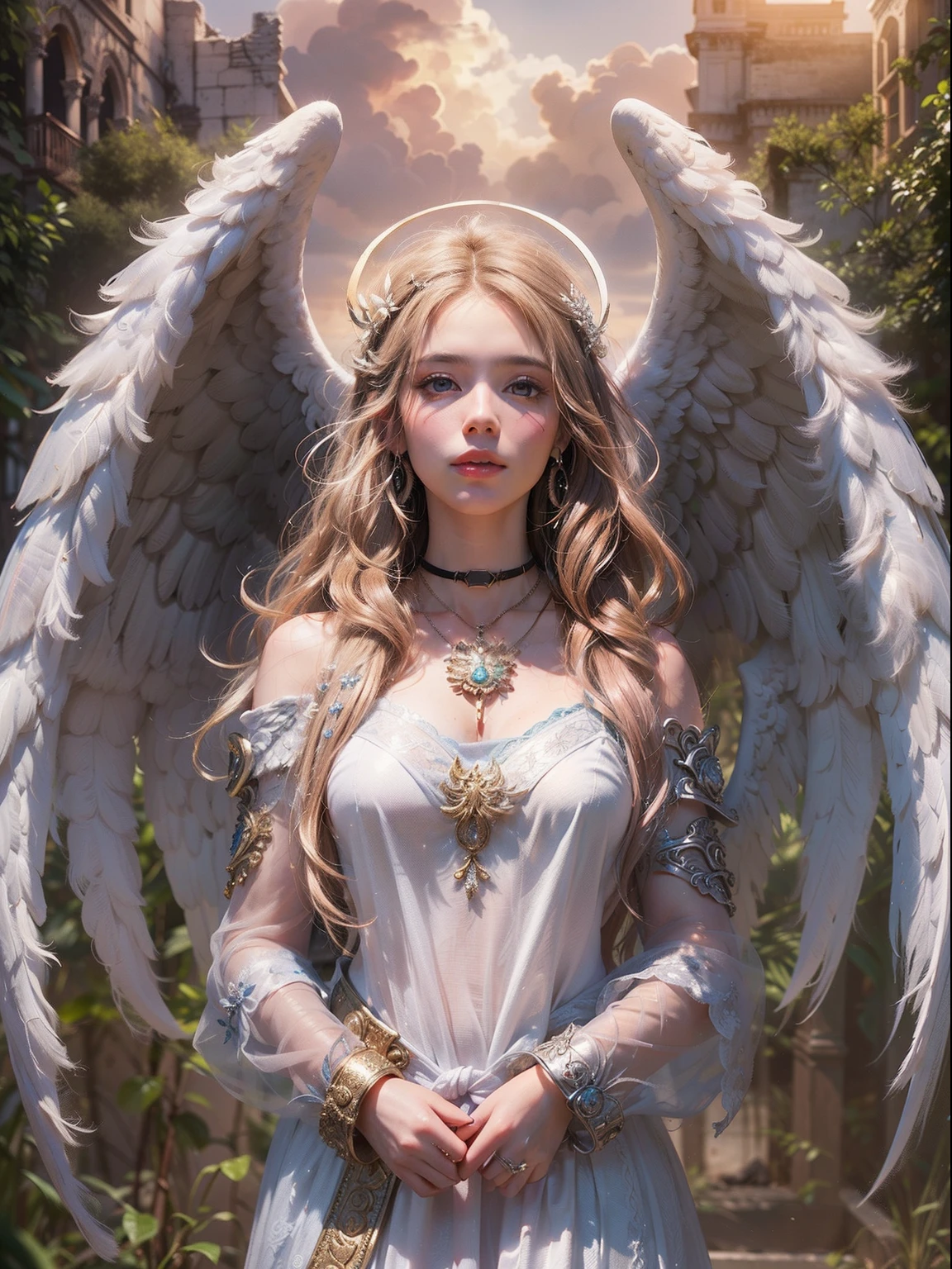 (Numerous award-winning masterpieces of, With incredible details, textures and maximum detail), (full-body standing image:1.8), (up of the upper body:0.3), (Ultra photo realsisim:1.4), (Realistic:1.3), (best quality real texture skin), (Fine true circle Symmetrical eyes), (Beautifully drawn beautiful face), (An angelic ring of divine brilliance on the head:1.8), ((medieval world)), (The Lord's Black Angel or the Lord's Day Angel:1.6), (full-body standing image:1.8), (Beautiful kind eyes), (She had a happy smile on her face), (Colorful eyes are full of sympathy), (full-body standing image:1.8), Shining majestic cloud masses and sky, (halo optical phenomenon:1.3), (Angels dancing in the background), (Dramaticlight), (A majestic sight), (Her expression was serene and full of tenderness,Tremendously beautiful), ((large wings,There are pure white feathers behind the shoulders)), (((Folded wings))), Glass earrings on the ears, (((Dramatic photo))), (Twilight), (Sunset), (Dusk), (Divine pose), (Golden hair), (Silver hair), (maroon hair), short detailed hair, ((head looking up)), ((Looking down)), ((gives full-body standing image)), (Around her neck is a simple necklace of exquisite workmanship), Old ruins infested with plants, great temple, great cathedral, Temple ruins, detached temple, (Luminous magic circle), Ancient Castle Site, Deserted ruins, crumbling ruins, Ancient ruins with clear water, holy rays, epic realistic, ((com cores neutras)), (hdr:1.5), (pastel colour:1.2), ultra - detailed, Cinematic, warm lights, Dramaticlight, (Intricate details:1.1), the complex background,