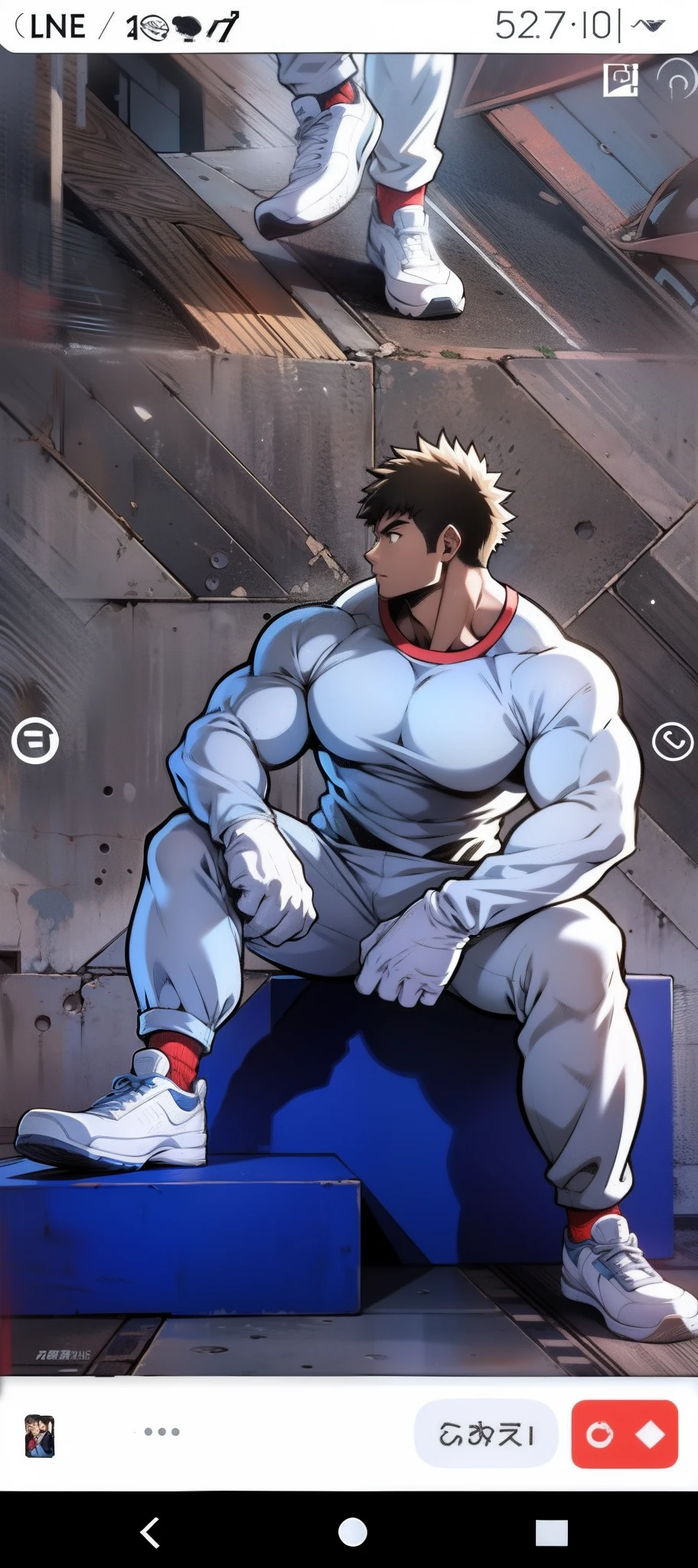 Gere uma imagem de arte estilo anime de um homem muito forte , musculoso, cabelo curto , camiseta amarela , black pants and a red sneaker