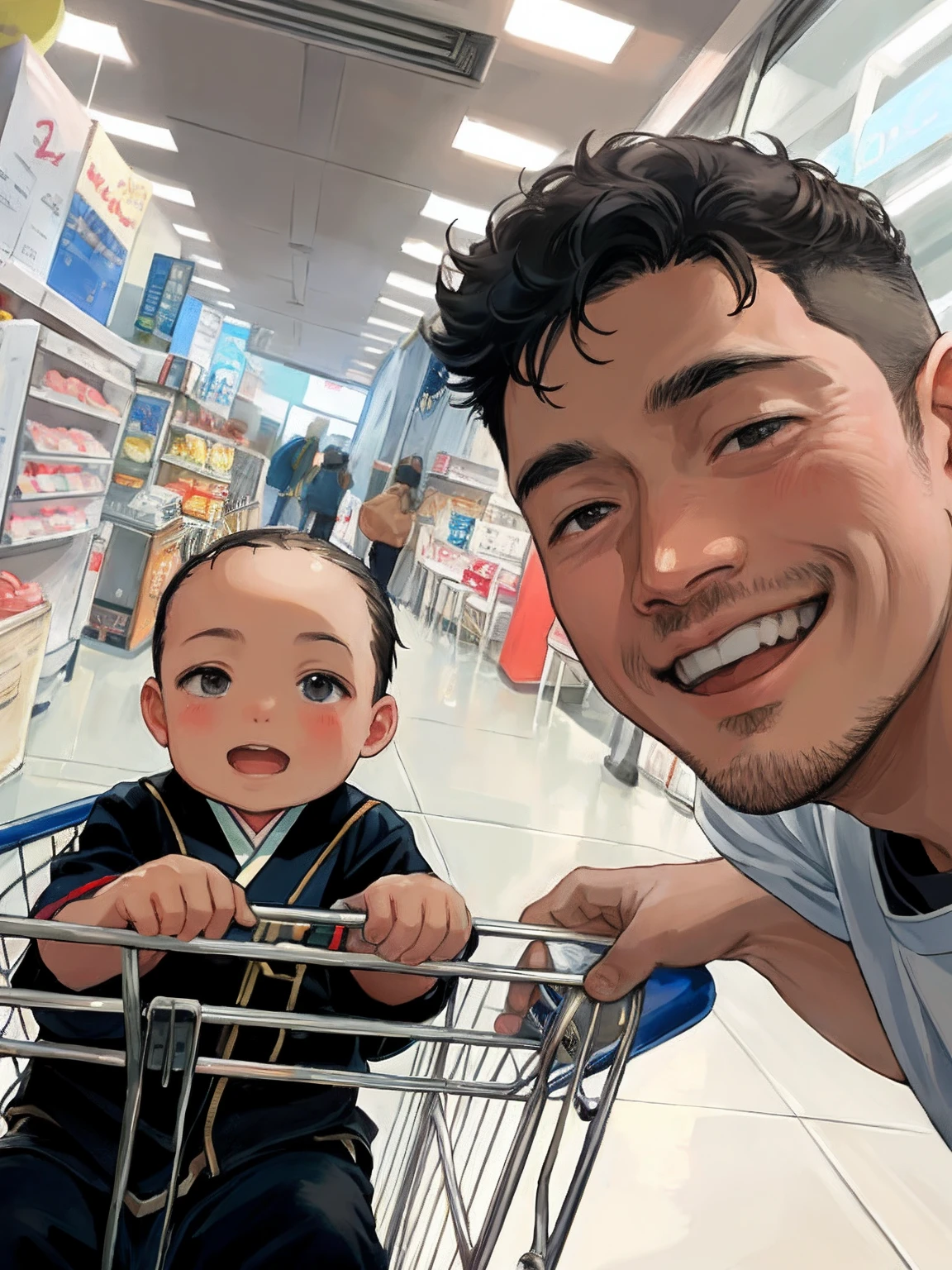 there is a man holding a baby in his lap, with a kid, caring fatherly wide forehead, father with child, japanese, 8k selfie photograph, daddy/fatherly, 36 years old, anime style art