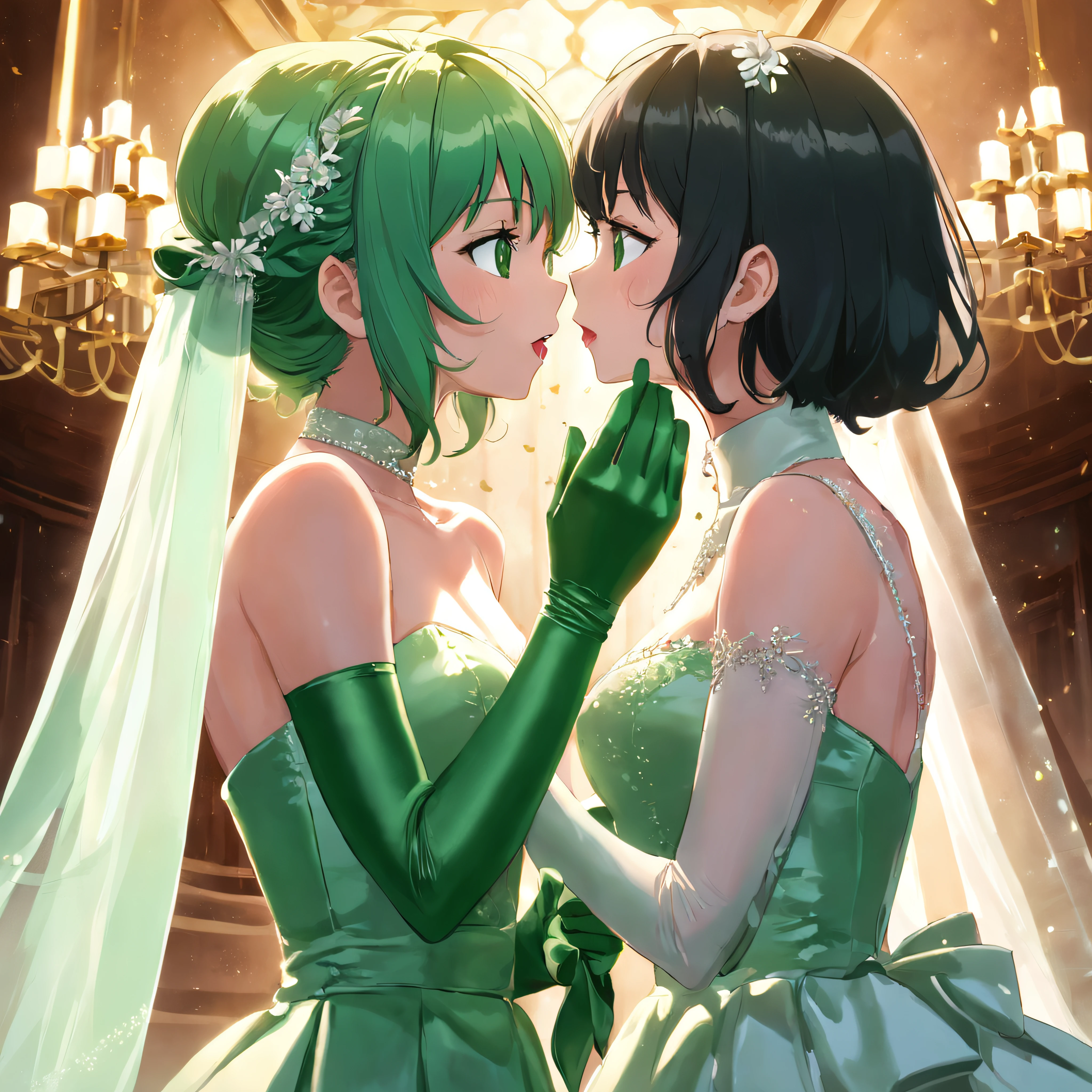 Green Dress Flower Cleanser，Sense of atmosphere, best qualtiy，tmasterpiece，1girll，30-years old，Green dress，Daytime Church，full body Esbian, Green gloves，With short black hair，big breasts beautiful，looking at viewert，ssmile，Green Bridal Veil，Green Long Grove，Satin green long gloves,　lipsticks, Green Pearl Necklace Kiss, Stand and hug each other, lesbian