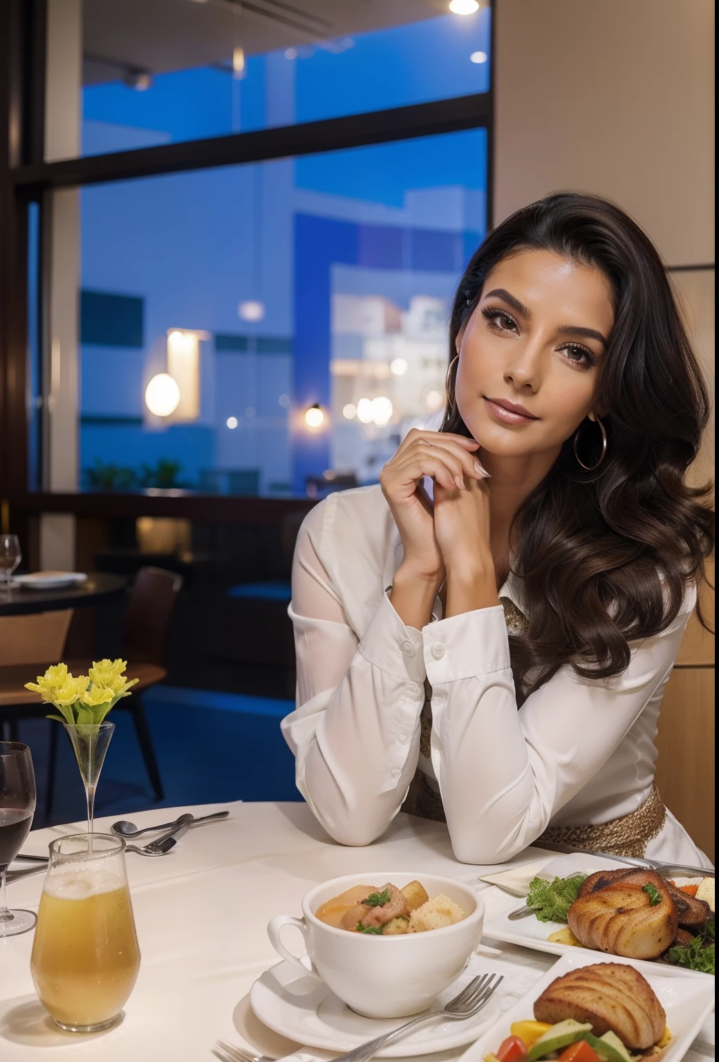 1 mulher adulta, cabelo comprido, cabelo cacheado, cabelo cor preto, pele suave, olhos castanhos, sorrir, vegetation, Occasional, Businesswoman style clothes, blaser vermelho, realista, com fundo em um restaurante chique, 8k super realista, super detalhado e realista