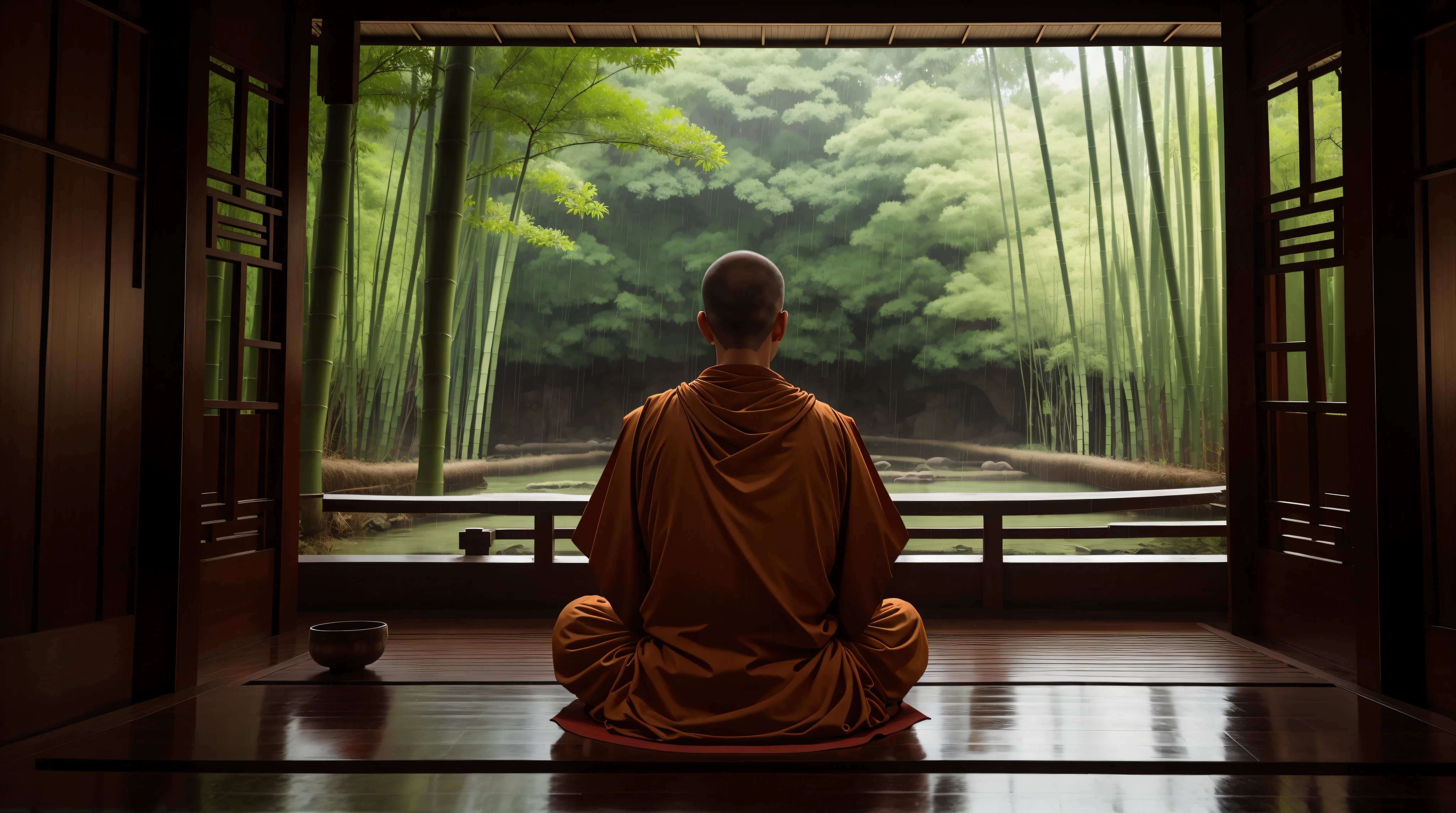 One monk, temple, symmetrical composition, The monk sits in the middle, Monk from the back, The monk faces the bamboo forest, It rained, The monk sits on a futon