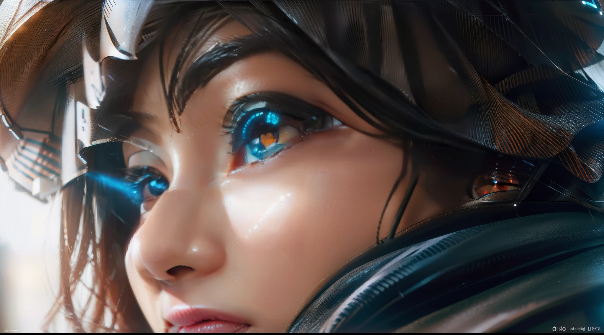 masterpiece, best quality, extremely detailed CGI anime, (anime), perfect eyes, both eyes are the same, Global illumination, soft light, dream light, hd, 2k, 4k background ray tracing, bloom, realistic lighting, 4k lighting effects, realistic reflections, side view, side angle, wild short hair, melancholy, mechanical, elongated mechanical mask, futuristic city streets, neon eyes, glowing eyes, side face view, side view, short wild hair, wild hair, short hair, unkempt hair, highlights, Ombre, big eyes, detailed eyes, thick eyelashes, makeup, wet makeup, running mascara, lips, thick lips, luscious lips, lipstick, mascara, eyeshadow, wet eyeshadow, running eyeshadow,