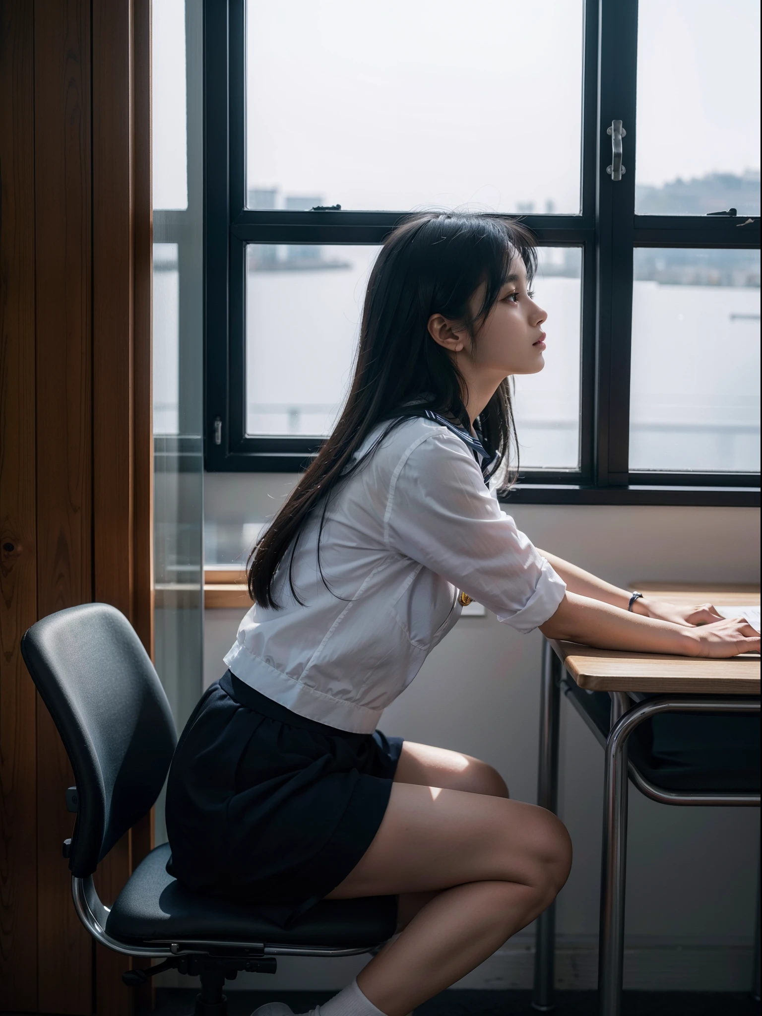 hyper realisitic)， (Best Quality), (超A high resolution), (8K)，(Ultra-precise and fine)，(masutepiece)，(Full body)，Solo，Beautiful 18 year old girl with beautiful black hair in sailor suit、Sit in a chair with your elbows on the desk、Looking out the window with a slightly lonely expression in the classroom in the twilight light，profile