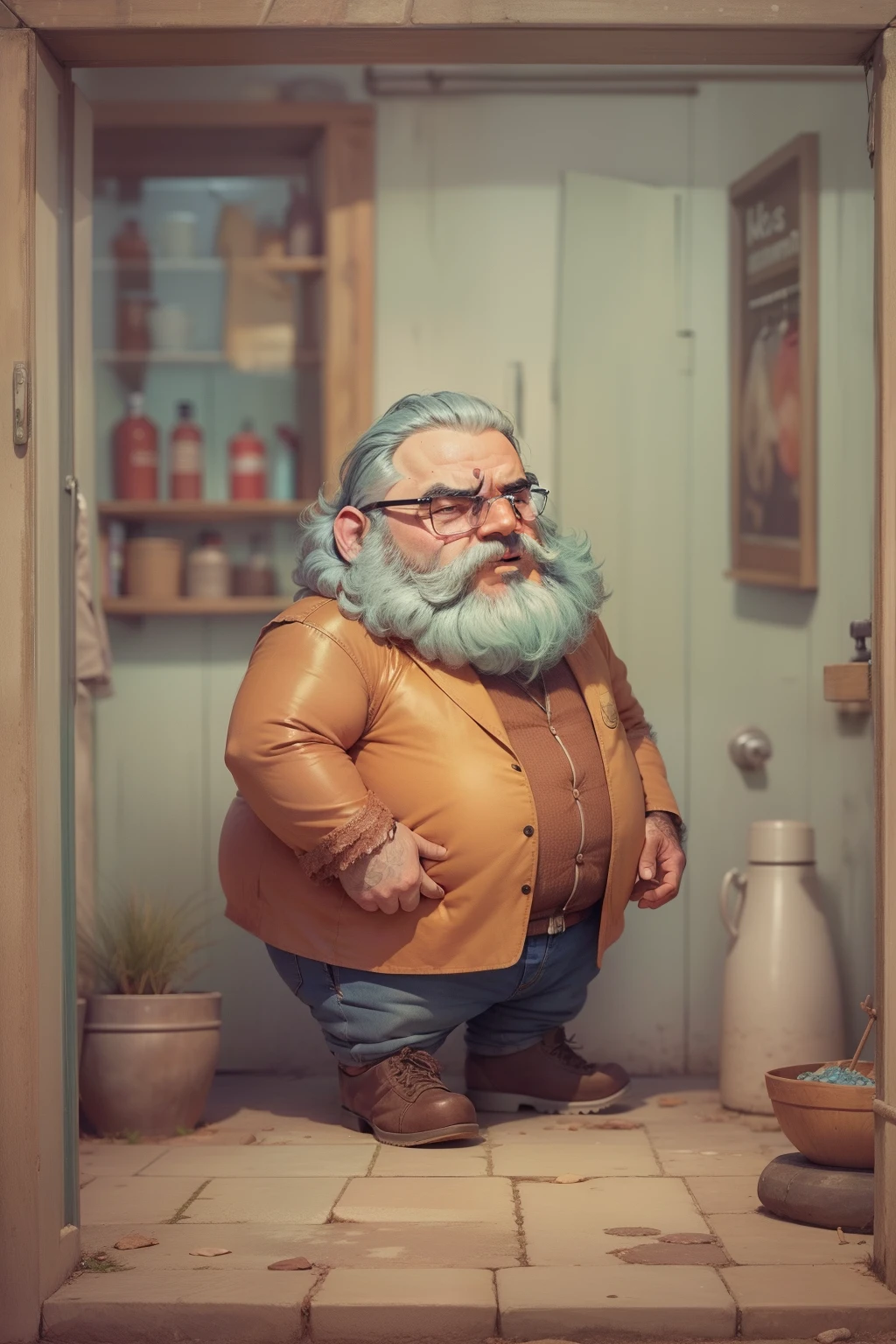 Un gordo barbudo vestido como indigente.