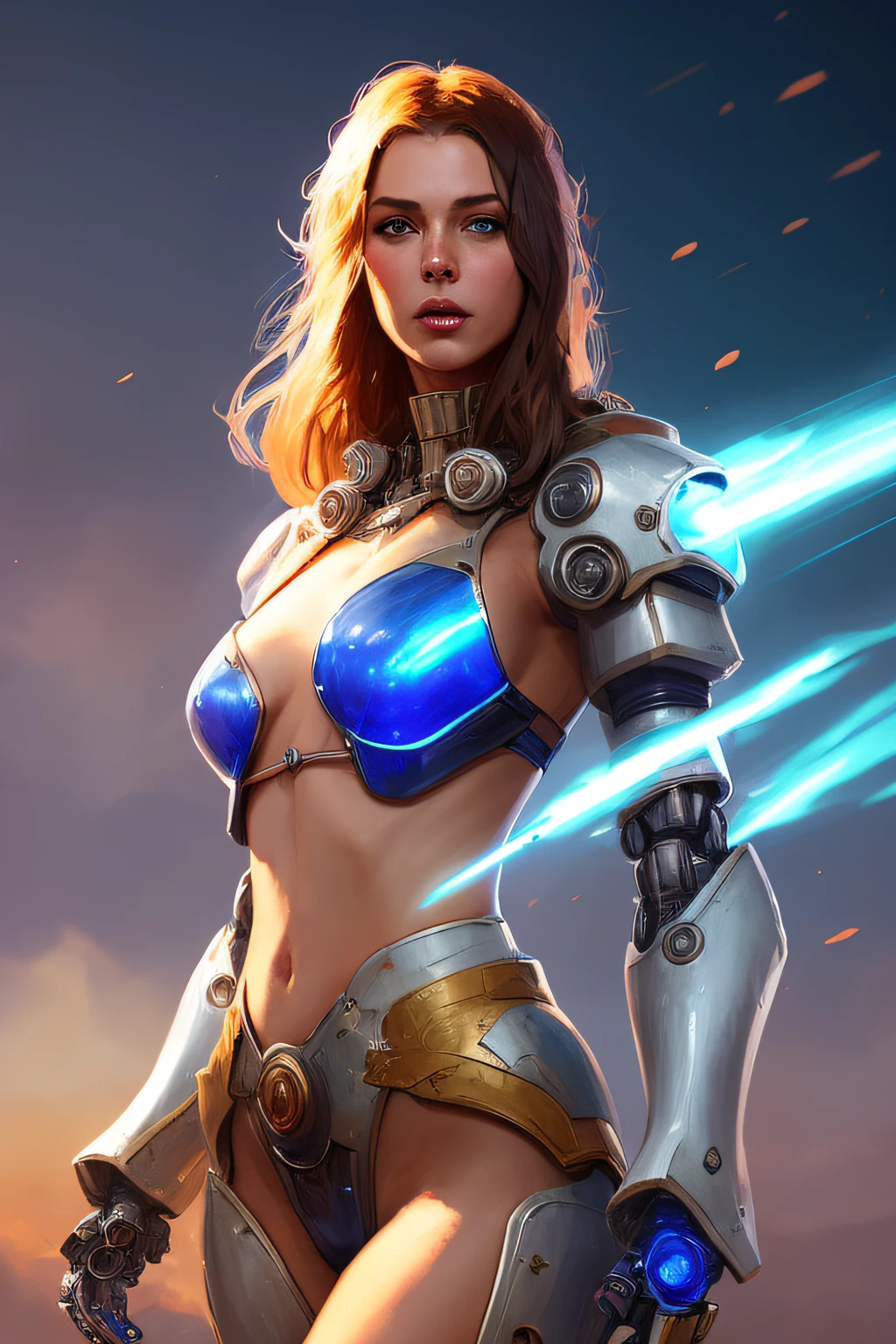 nousr robot, masterpiece, best quality, 8k, fantasy photo of beautiful (nude female wear very skimpy blue chrome mecha armor:1.2), (perfect face:1.2), (long hair:1), photorealistic highly detailed hard surface modeling texture, wind blow, dark blue skies, sci-fi city, reflection of light, reflective lighting, sharp focus, dynamic battle pose, face focus, manga effect, by greg rutkowski and viktoria gavrilenko