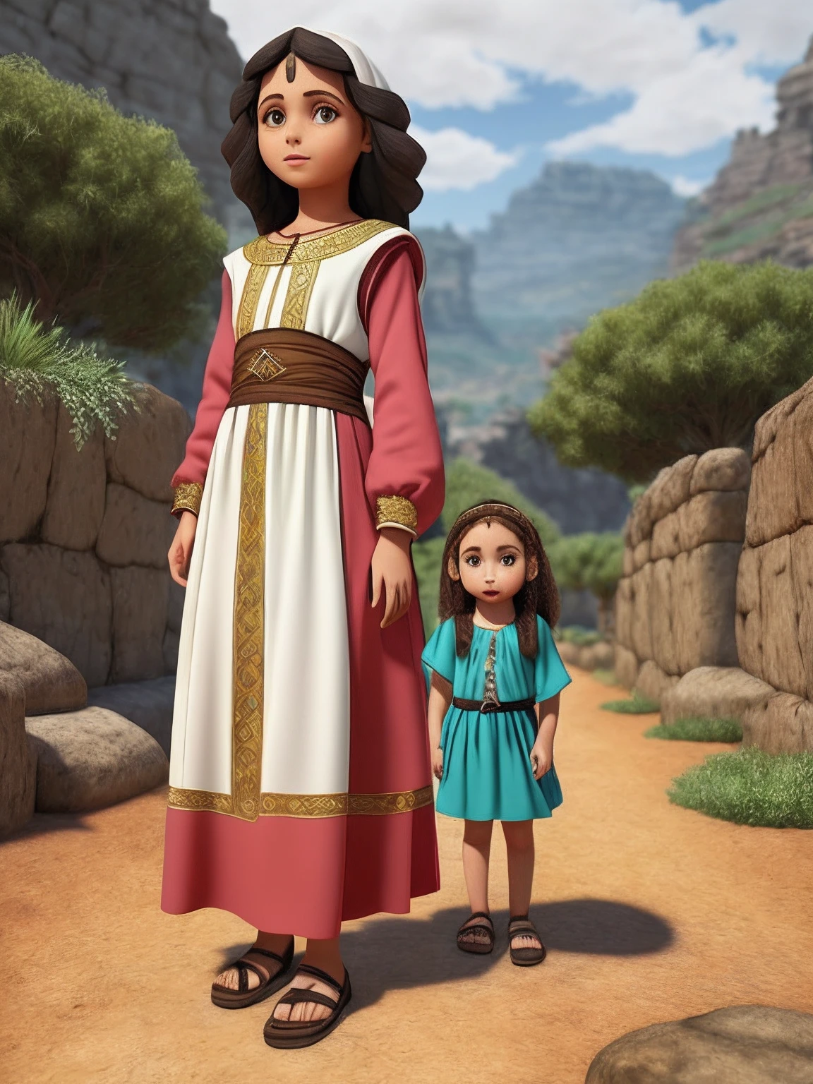 Crie uma mulher  adulta, with clothes from biblical times, com 30 anos de idade, with traces of Jew, Morena, low water, roupa colorida, Alegre, olhos vivos, caminhando ((childrens illustration)), desenho animado infantil, Estilo 3D ((children's animation))