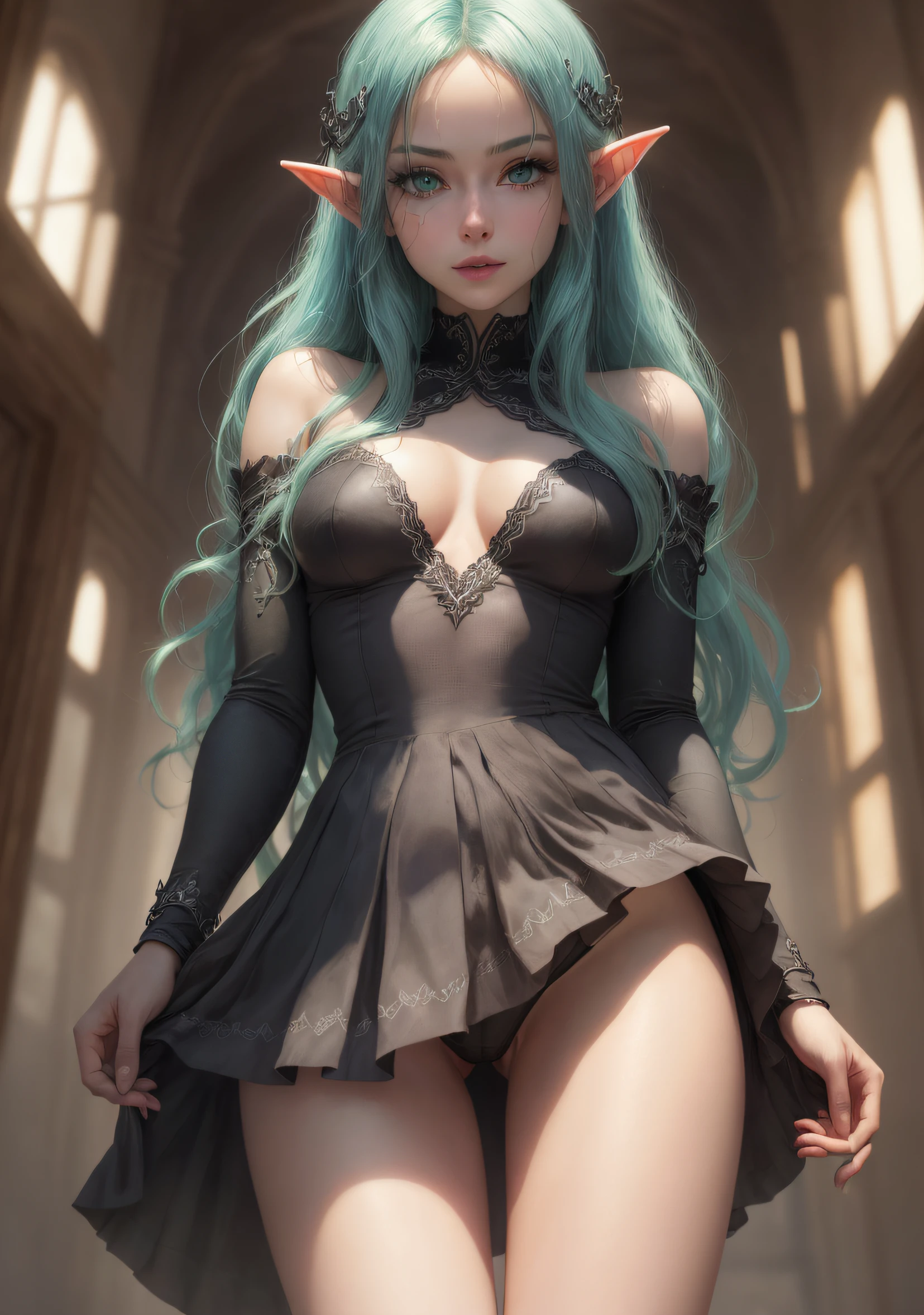 The elf stands and looks at the camera, A girl stands at a fair, blue eyes and pink short hair, She lifts her skirt with her hands, Upskirt, blue skies, Beautiful clear blue sky, green hairpins in the hair, skinny waist, Slender figure, Appearance of the model, confusion, sexuality, pixie, elf ears, Beautiful ears, green colored eyes, pantyhouse, black tights, little chest, You can see the, Upskirt, black clothing, Elf Girl, Sweet girl, attractive anime girl, beautiful anime girl, Cute beautiful anime woman, detailed digital anime art, beautiful anime girl, beautiful anime girl, Anime with small details, Best Quality, Masterpiece, Ultra-detailed, Beautiful, hight resolution, Original,CG 8K ультрареалистичный, perfect artwork, beatiful face, Face Clean, Skin, hyper realistic, Ultra Detailed, A detailed eye, dramatic lighting, (Realistic) Realistic, Full HD, Best Quality, Best Quality, Beautiful lighting, (8k wallpaper of extremely detailed CG unit), High Details, sharp-focus, The art of dramatic and photorealistic painting, beautiful smile, You can see the chest, naked breasts, naked ass,