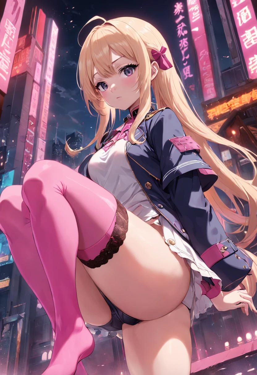 Masterpiece, Best quality, Blonde hair, Blunt bangs, pink thighhighs, view the viewer, Spread legs, (Thick thighs:1.2), Boots