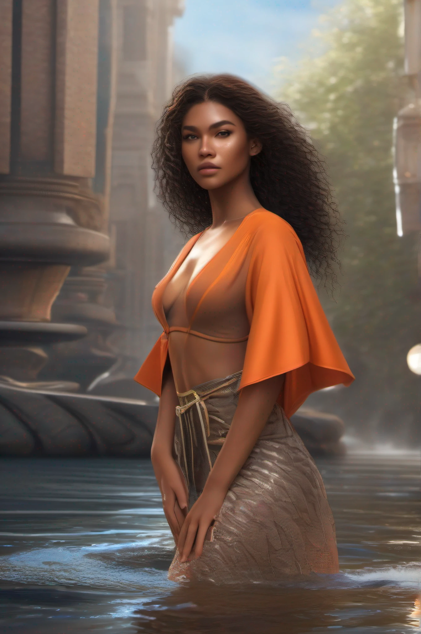 A dark brown-haired photographically ebony and muscular 25-year-old Zendaya wears a short orange Egyptian flapping cloak, with bare shoulders and a gigantic deep neckline, as she runs along the quay of a river flowing through a futuristic Egyptian city with her wet hair and clothes flapping in the rough wind. attractive body :1.4), sit-ups :1.1, ), (wet rainy, wet by rain, wet body :1.2), ((thin waist)), ultra-detailed face, detailed lips, detailed eyes, double eyelid, visible veins and curves, pool party, pool.