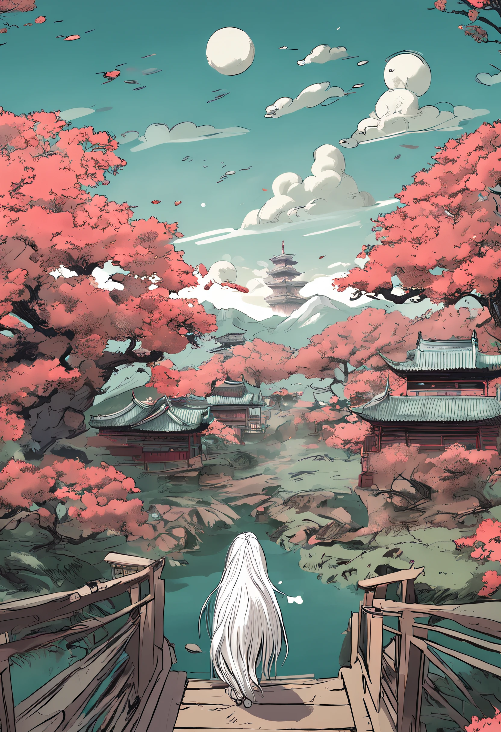long white hair,red pupils,Slim cheongsam,Little tiger tooth,Green parks,cirrus clouds,The atmosphere is relaxed and pleasant