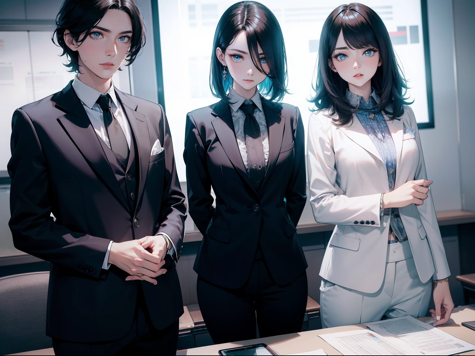 tmasterpiece, Best quality,short detailed hair、eBlue eyes,Melon seed face、Fair complexion、Professional suit women's clothing,Realisticstyle,Stand in a conference room explaining documents,Frontal angle;