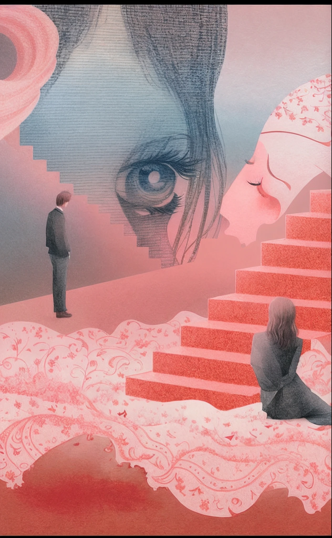 Draw a beautiful woman standing,A handsome man looks up at the sky,Cherry blossoms bloom in the sky, petra collins and mc. Escher, Hyper-realistic illustration, inspired by Anna and Elena Balbusso, blurry and dreamy illustration, inspired by Anna Füssli, author:Anna Fossley, surreal collage, 3d grainy aesthetic illustration, blurry and dreamy illustration, illustration!