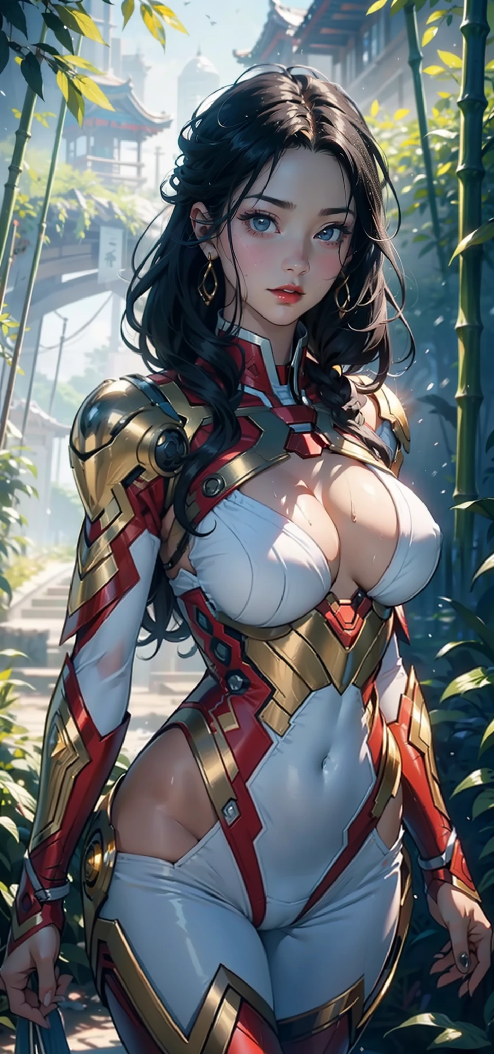 1womanl，36 years old，熟妇，mature，Bigchest，Big breasts Thin waist，long leges，Raised sexy，Pornographic exposure， standing on your feet（Background with：bamboo forrest，at winter season，Snow on the ground，NOWAI） She has short black hair，dynamicposes，Sweat profusely，drenched all over the body，seen from the front， hair straight， mostly cloudy sky，（（（tmasterpiece），（Very detailed CG unity 8K wallpaper），best qualtiy，cinmatic lighting，detailed back ground，beatiful detailed eyes，Bright pupils，（Very fine and beautiful），（Beautiful and detailed eye description），Black eyes，Redlip，ultra - detailed，tmasterpiece，）），facing at camera，（The upper part of the body），A high resolution，ultra - detailed），revealing breasts，Bare genitalia，  Bulge，legs are open，sexyposture，Camel toes，Flushed complexion，Open-mouthed，frontage，Gold Saint Seiya，Lotus hair ornaments，（Wearing：White jumpsuit，Armour，Gold wire embroidery，Iron Man uniform）