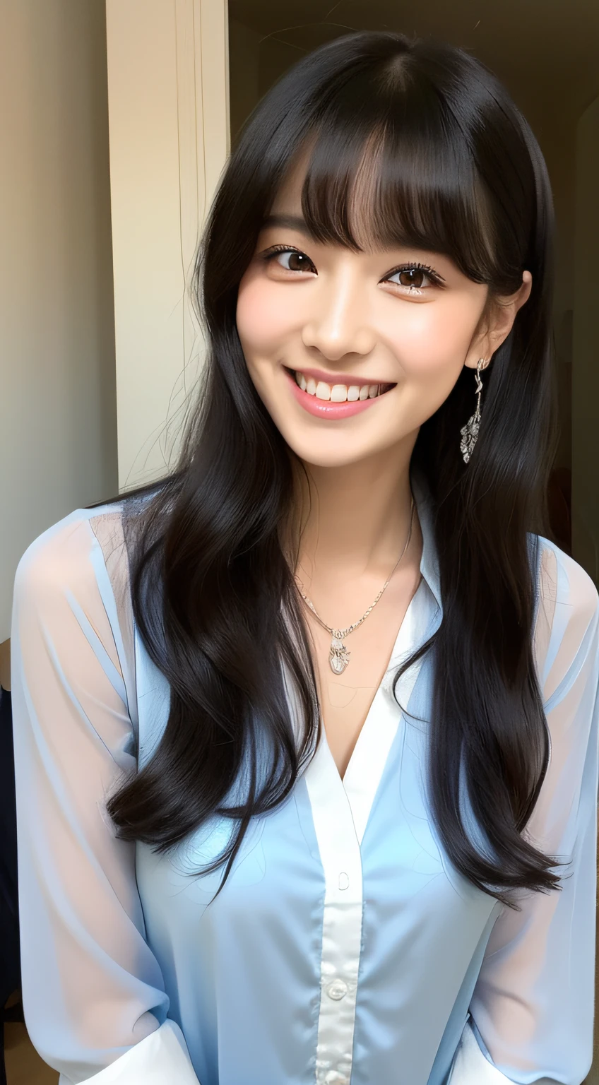 dress room、Sheer shirt、a smile、wetting hair、(Colossal tits:1.2)、(Long black hair1.4)、With bangs、prety woman、Adults、A sexy、Cute smile、japanes、Young adorable Japan face, dewy skin, Soft portrait shots,8K,、very extremely beautiful、Looking at the camera