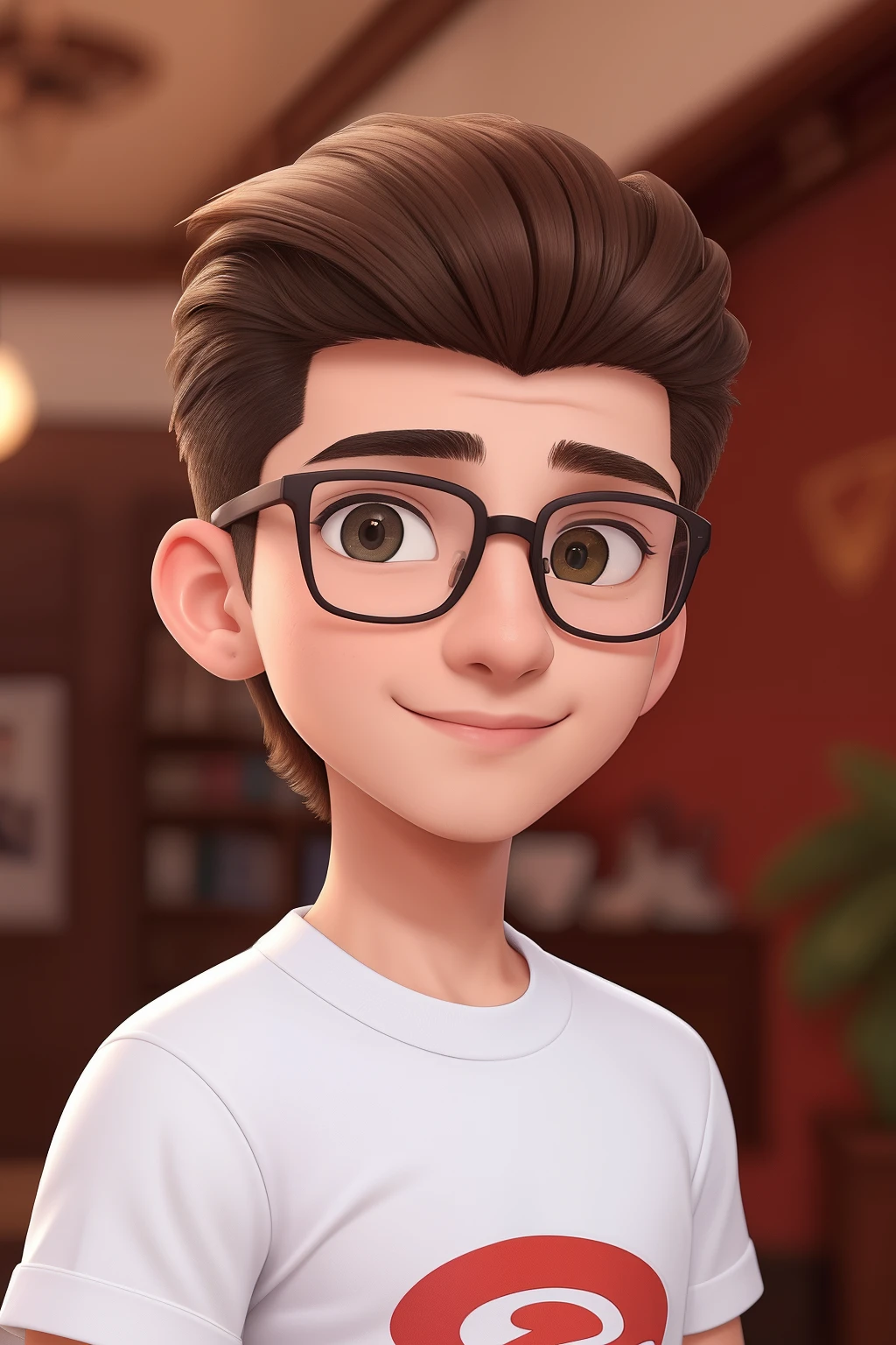 Um jovem de 19 anos, moreno, com cabelos castanhos escuro liso, de oculos intelectual, cara bonito, cara de caixa, e olhos castanhos, vestindo gola alta branca.
