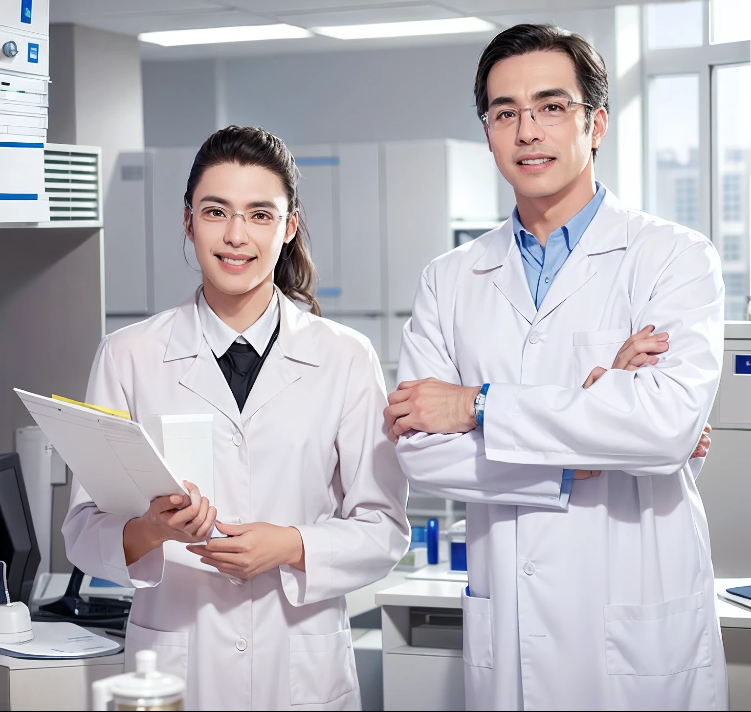 They were two doctors standing side by side in a room, wearing lab coat and glasses, wearing a white lab coat, wearing lab coat and a blouse, wearing a lab coat, doctors office, the doctor, wearing a lab coat, stockphoto, Wearing a lab coat, clean medical environment, doctor, male physician, dentist, labcoat, healthcare worker, Medical photography