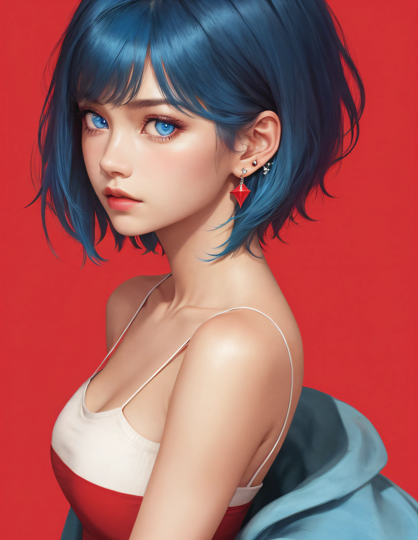 1girl,solo,blue hair,earrings,jewelry,blue eyes,short hair,(red background:1.2),looking at viewer,upper body,from side,bangs,simple background,lips,breasts,realistic,bare shoulders