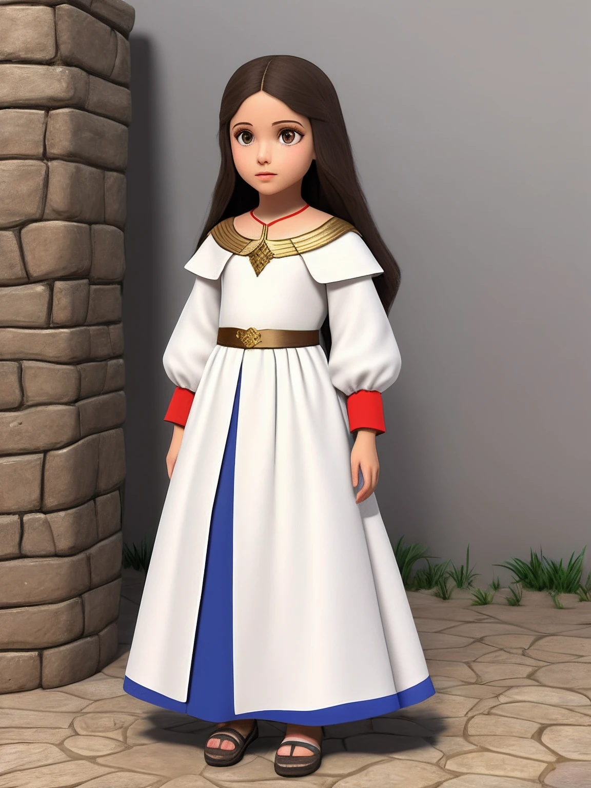 Create a woman in clothes from biblical times, de 30 anos de idade, with traces of Jew, Morena, low water, roupa colorida, Alegre, olhos vivos, caminhando ((childrens illustration)) garotada, desenho animado infantil, Estilo 3D ((children's animation))
