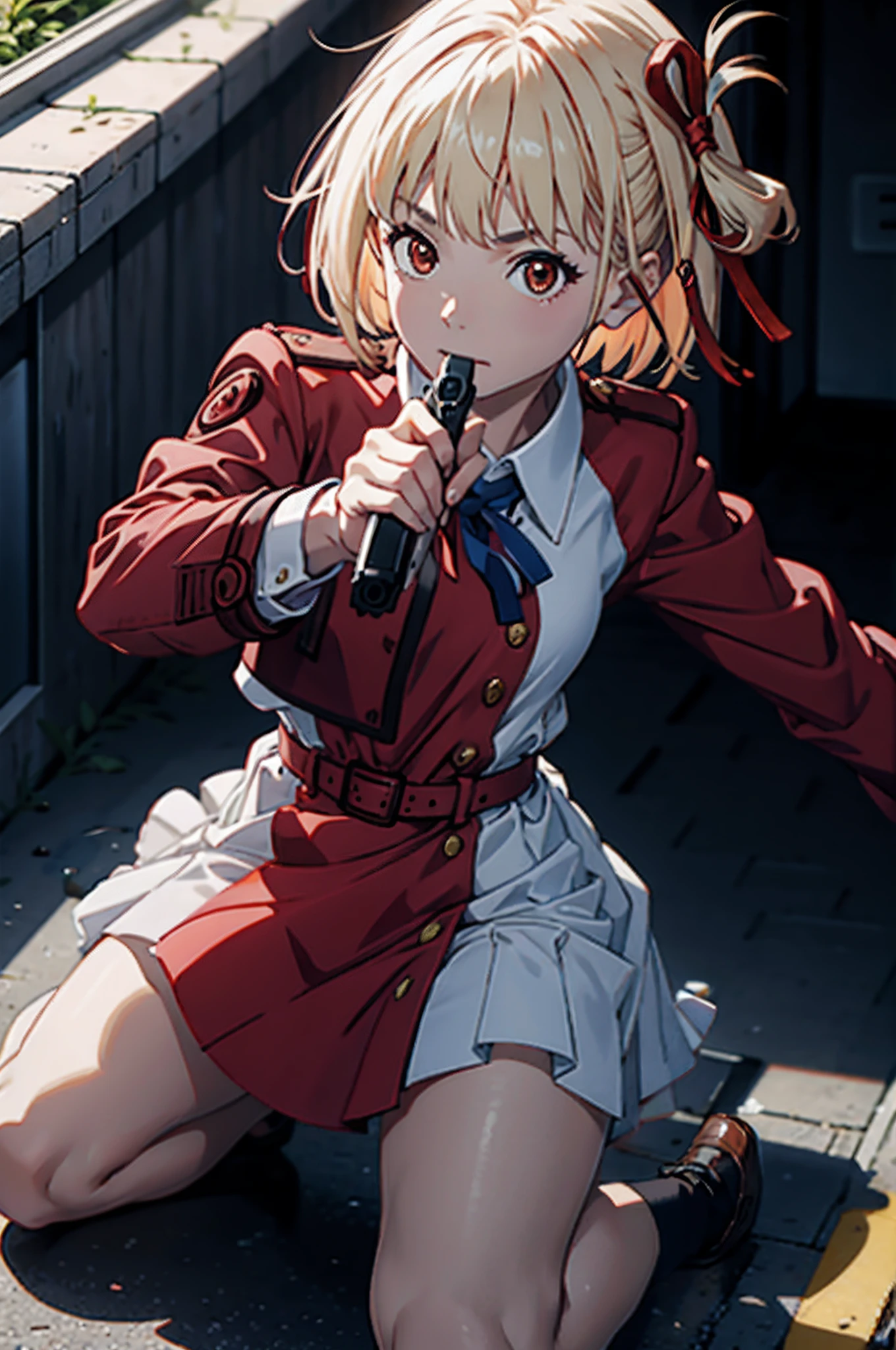 masterpiece, best quality, 1girl, solo, <lora:tri-4:1>,coat,skirt,blood,blonde hair, battle,angry, dynamic pose,battle,torn,twintails,holding gun,city,