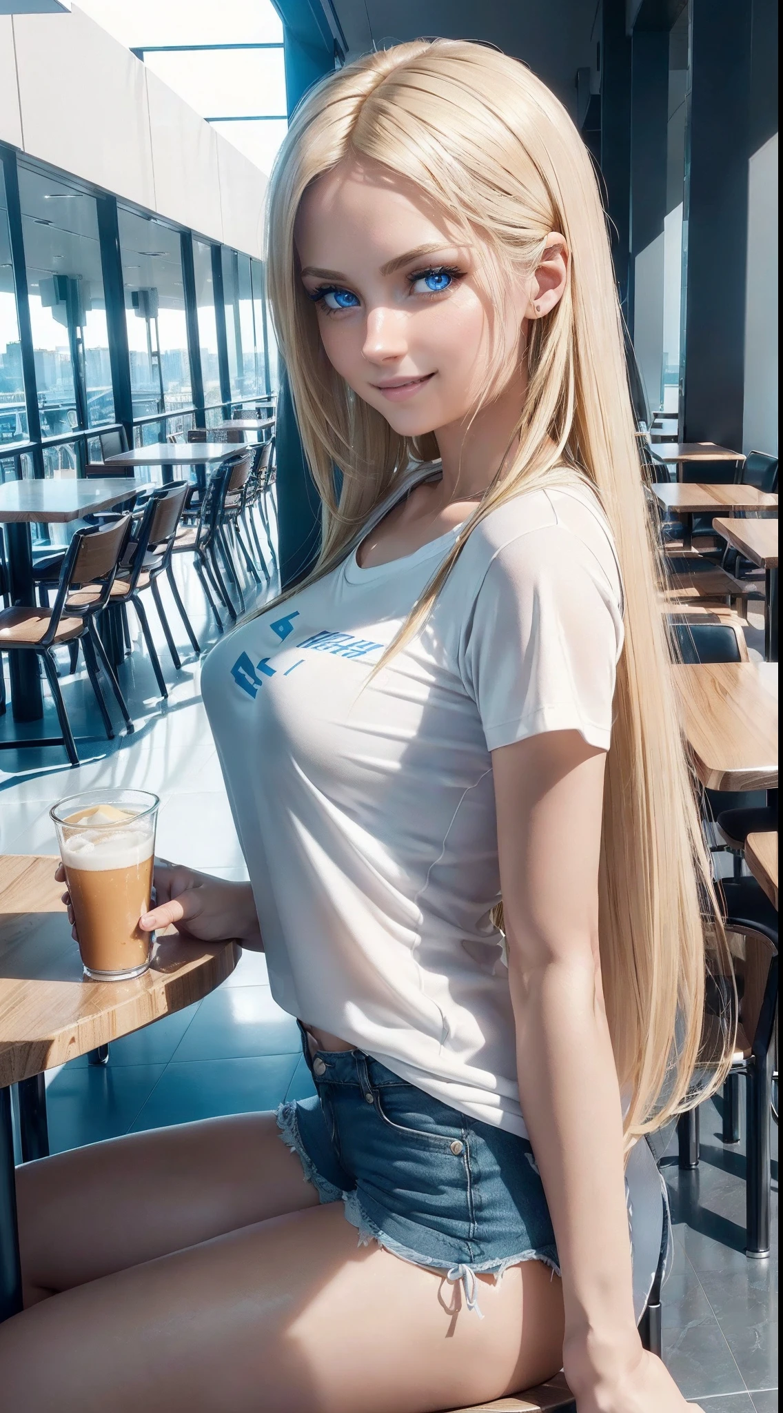 ((Unreal Engine 5)), (ultra high definition), (ultra high resolution), (full sharpness), (maximum quality), (Cinematic), (8k), ((Blonde russian girl)), ((very blue eyes)), ((extremely beautiful)), ((slim)), ((average height)), ((alone)), ((full body)), ((ultra detailed face)), ((ultra detailed eyes)), ((ultra detailed irises)), ((ultra realist eyes)), ((perfect body)), (delicate hands), ((very detailed hands)), (natural lighting), ((side view)), ((laughing)), ((soft skin)), ((Smooth skin)), (very small breasts), ((perky butt)), ((natural skin)), (unique), ((totally realistic)), (so sweet), ((always the same face)), ((repeat always the same face)), ((always the same body)), ((always the same proportions)), ((looking at the camera)), ((wearing shorts and t-shirt)), ((straight hair)), ((central streets of Moscow)), ((always the same clothes)), ((sitting in a cafeteria))