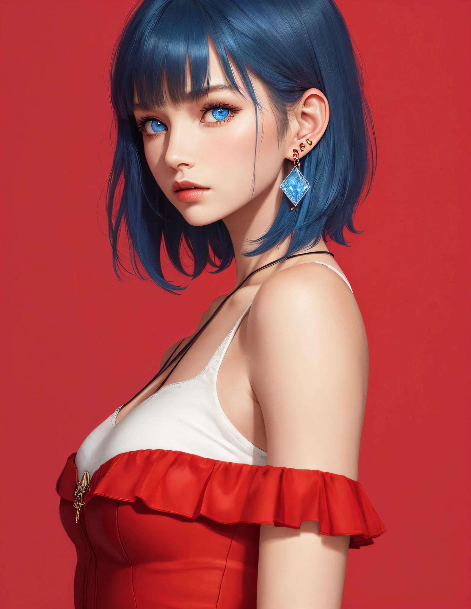 1girl,solo,blue hair,earrings,jewelry,blue eyes,short hair,(red background:1.2),looking at viewer,upper body,from side,bangs,simple background,lips,breasts,realistic,bare shoulders