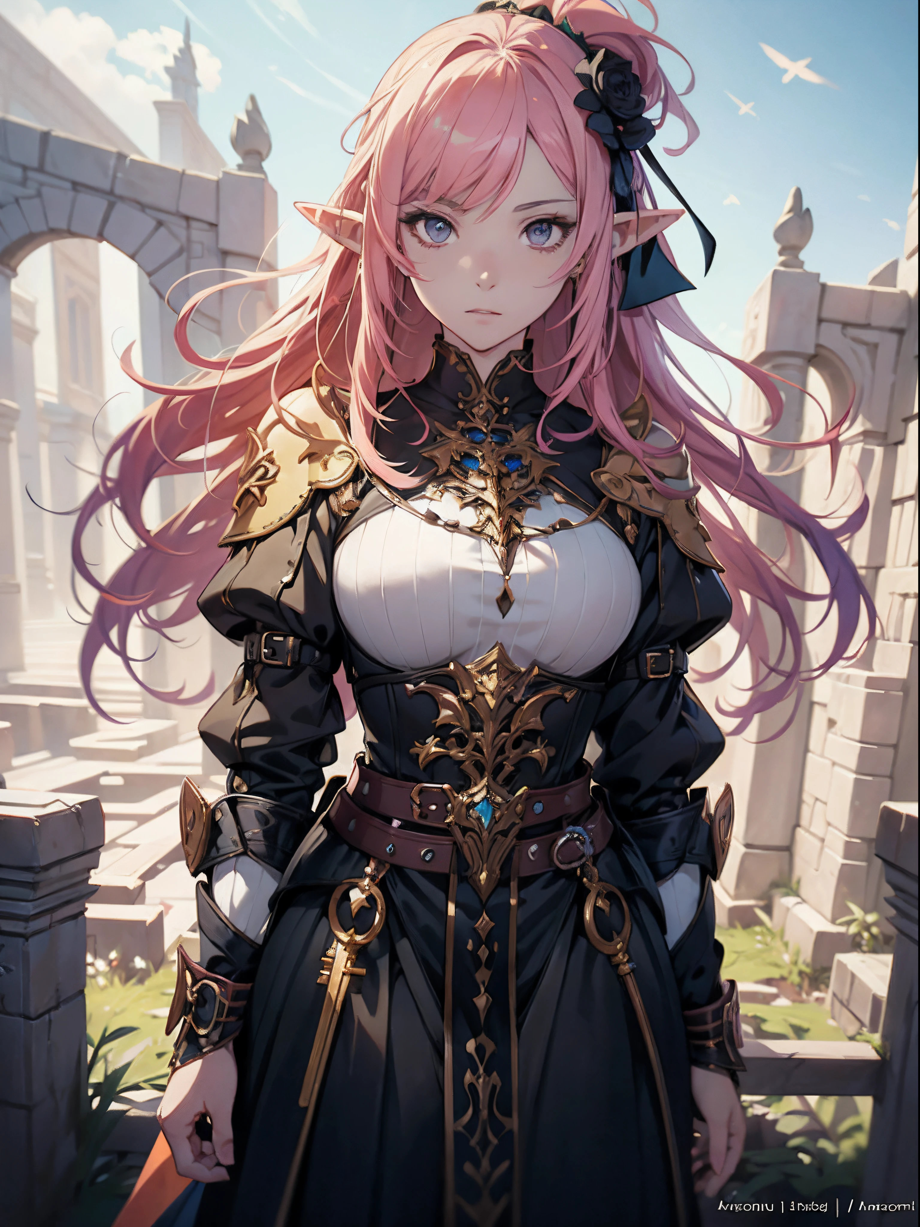 anime girl in a dress , pink hair, cushart krenz key art feminine, portrait knights of zodiac girl, detailed key anime art, high detailed official artwork, detailed digital anime art, trending on artstation pixiv, 2. 5 d cgi anime fantasy artwork, detailed anime character art, alluring elf princess knight, astri lohne
