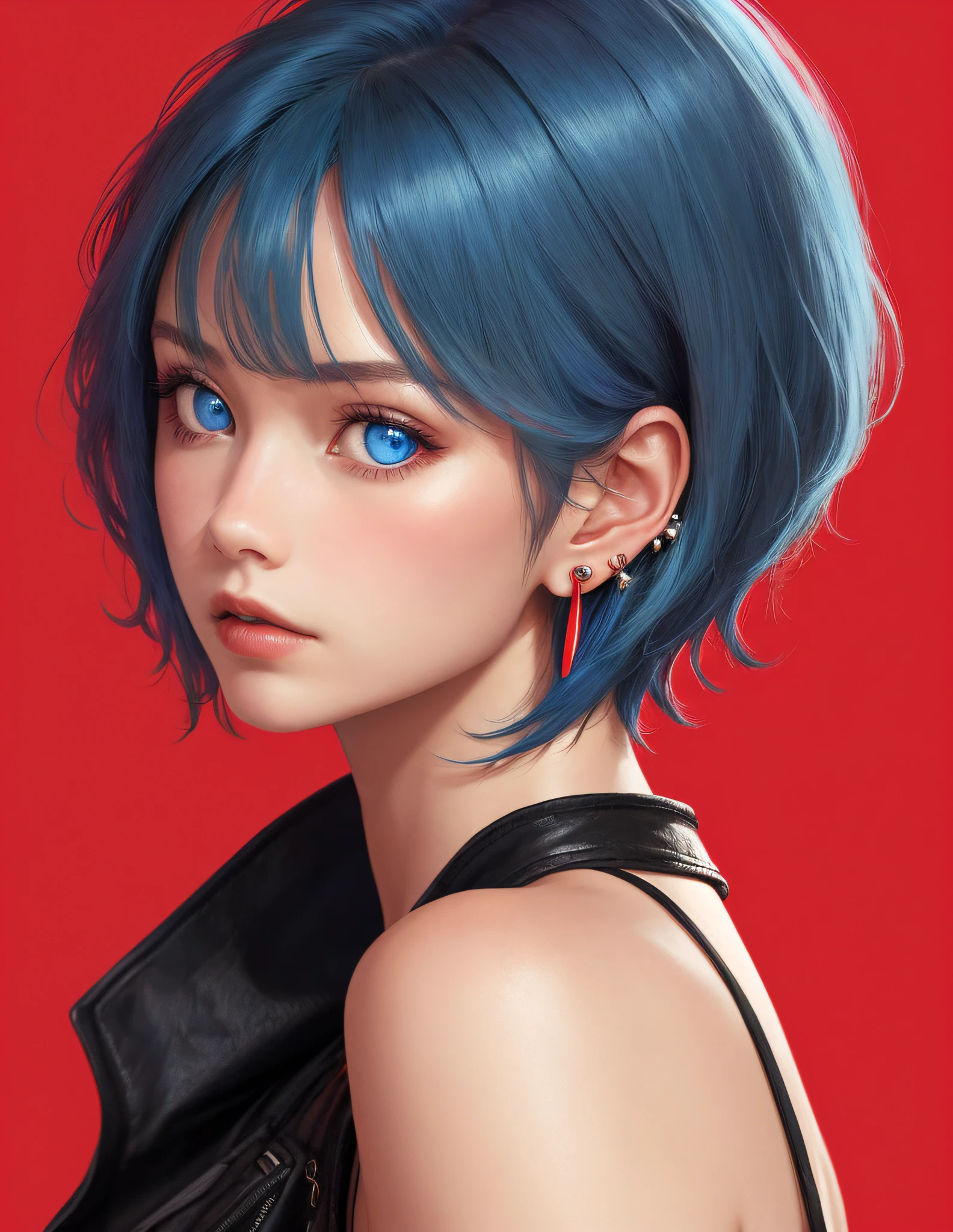 1girl,solo,blue hair,earrings,jewelry,blue eyes,short hair,(red background:1.2),looking at viewer,upper body,from side,bangs,simple background,lips,breasts,realistic,bare shoulders
