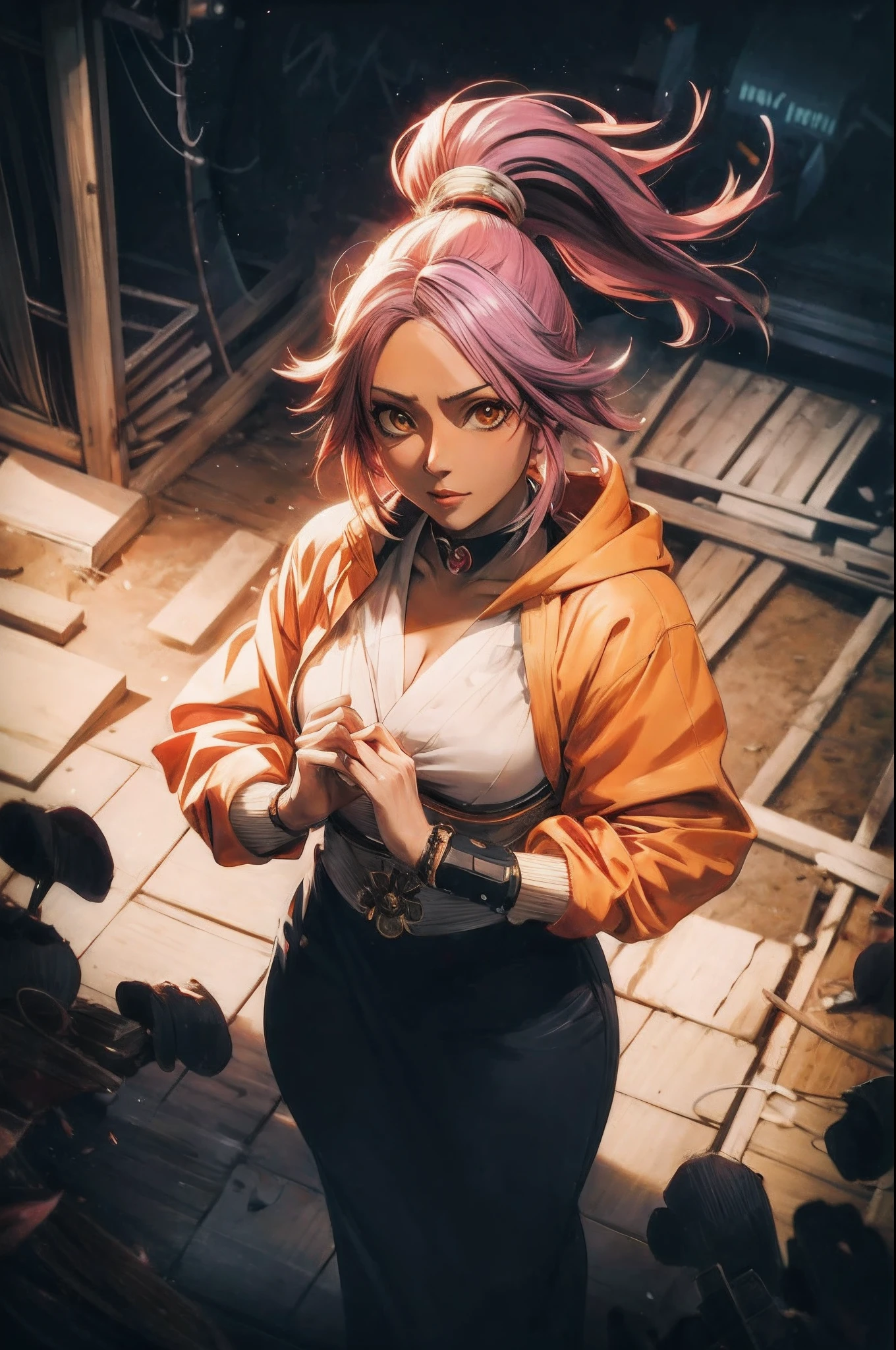 Anime - imagem de estilo de uma mulher com cabelo rosa e uma jaqueta amarela, Arte Oficial, badass anime 8 k, Misato Katsuragi, Artgerm. anime illustration, Artgerm extremamente detalhado, portrait of a female anime hero, gama murata e Artgerm, Arte da sede, Ross Tran 8 K, Artgerm Moody Fotografia
