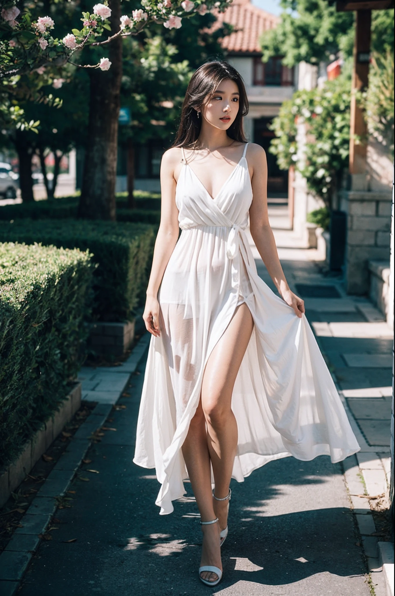 A beautiful Chinese college student,Stand in front of the bushes,Wearing a long white dress,The neckline is open,Bigchest,Height, Long legs,Looks beautiful,Wearing white high heels,Masterpiece,offcial art,8K, Masterpiece, Best quality, Highly detailed, Exquisite facial features, Perfect face, Shiny skin, Girl:1.2, White gown:1.2, Mask, Strengthen the chest:1.2, plump, Tall, Slender legs,Masterpiece, Showcase trends in digital art at 8K HD resolution on Artstation, Has a highly detailed and realistic skin texture. The lighting is dramatic, Create contrasts. This photo was taken by talented photographer Lee Jefferson Nikon D850 Film Stock Photo,Equipped with a Kodak Portra 400 camera and F1.6 shots. rich colors vivid. The artwork was created using Unreal Engine on Cinestill 800 film。. stable difusion,photo-realistic, k hd, Detailed, Realistic skin texture, Vibrant colors,Dramatic lighting:1.2,Unreal Engine Art Station CineStill 800 trend