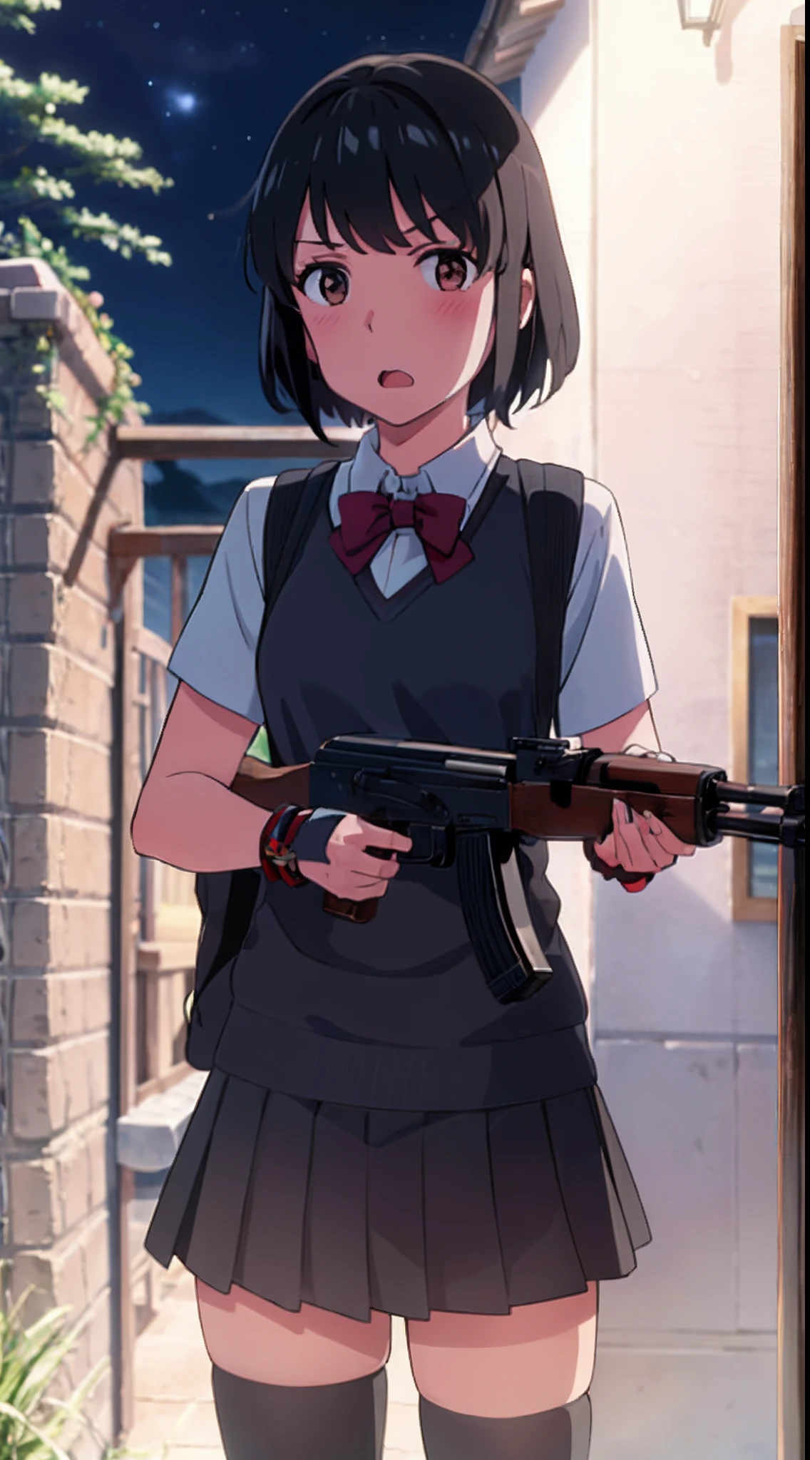 shinkai makoto, blonde hair, hazel eyes, kimi no na wa., 1girl, bangs, black hair, blush, brown eyes, Suspender Clothes, looking at the viewer, Clavicle, red bow, red headband, red ribbon, short hair, cute, solo, skirt, short sleeves, open mouth, Night, Nightview, Outdoors, Fighting Stance, Despair Face, bracelet, cowboy shot, holding_gun, ak-47, akm, assault_rifle, kalashnikov_rifle, aiming, finger on trigger